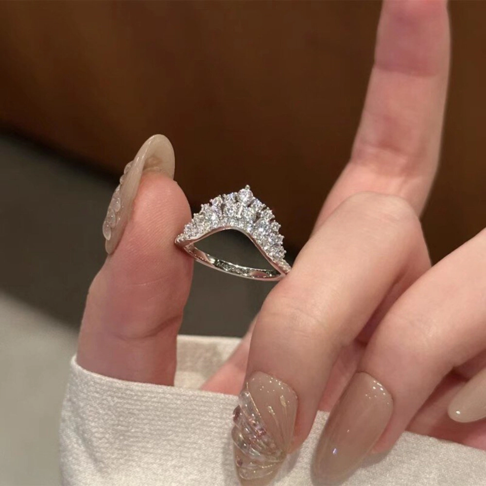 Crescent Moon Cubic Zirconia Ring Silver鈥慣one Paved Cluster Statement Ring for Women