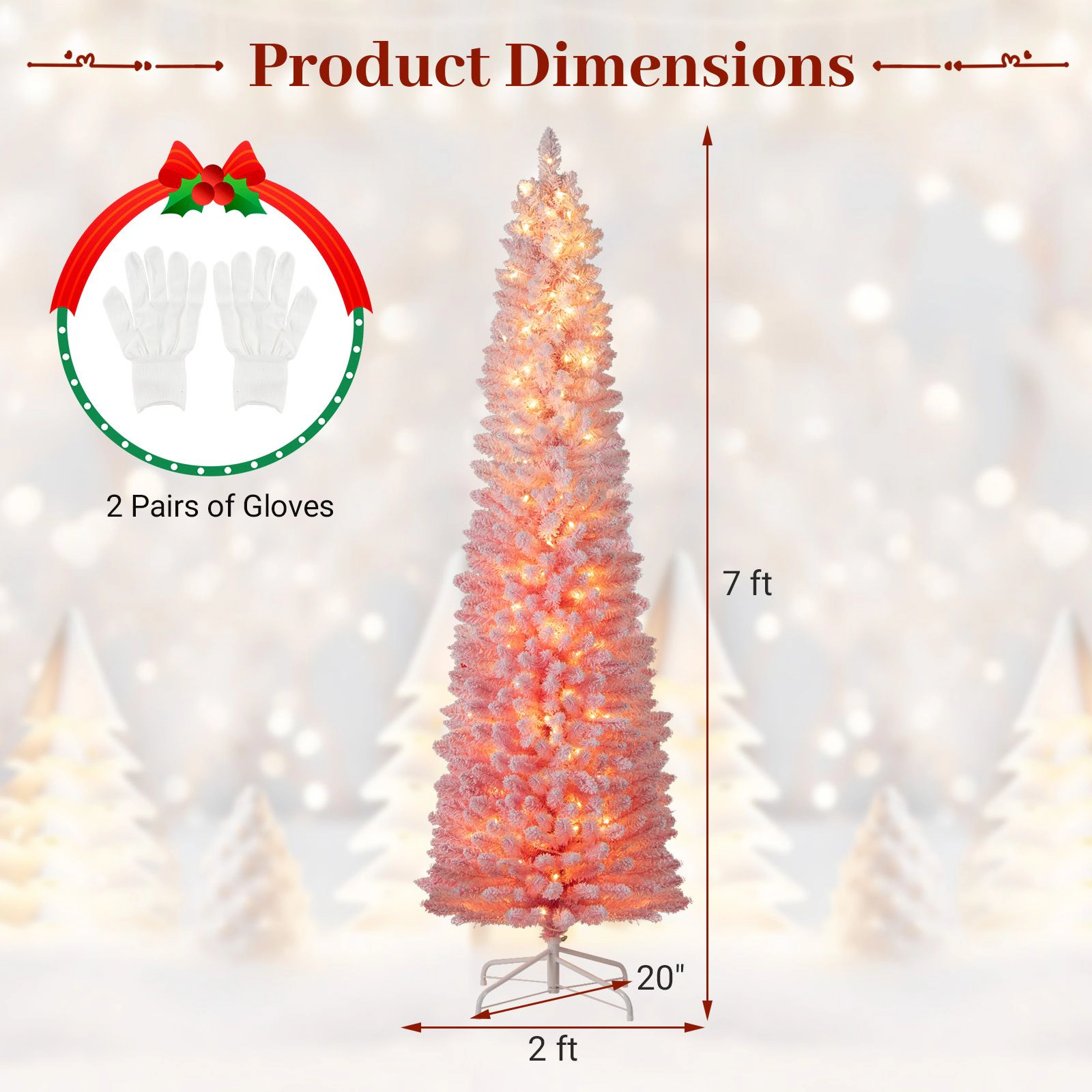 SlickBlue 7 Ft Pink Artificial Christmas Tree Prelit Snow Flocked Hinged Xmas Tree