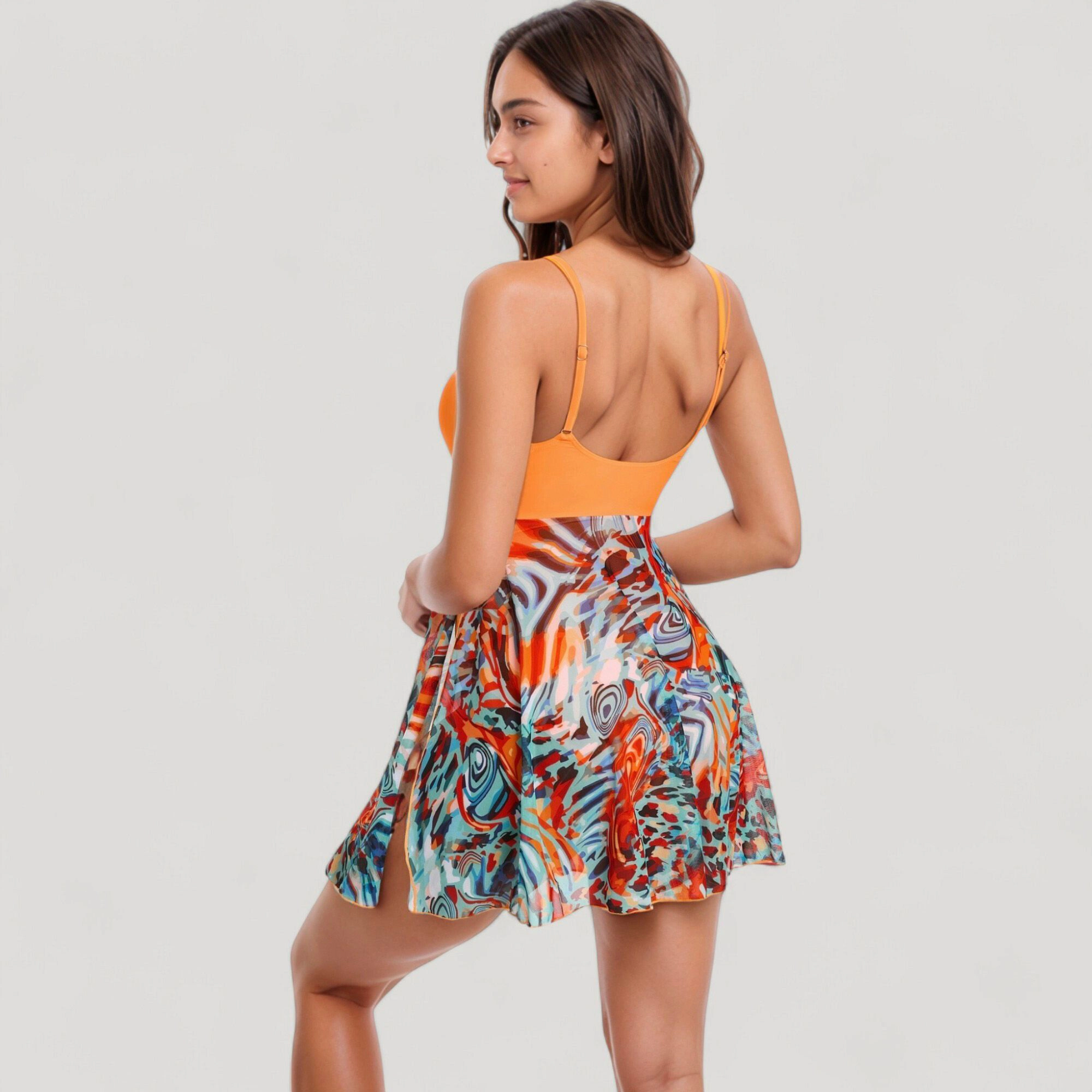 Anna-Kaci Women's One-Piece Swim Dress with Twist Front Bodice and Sheer Mesh Skirt Overlay