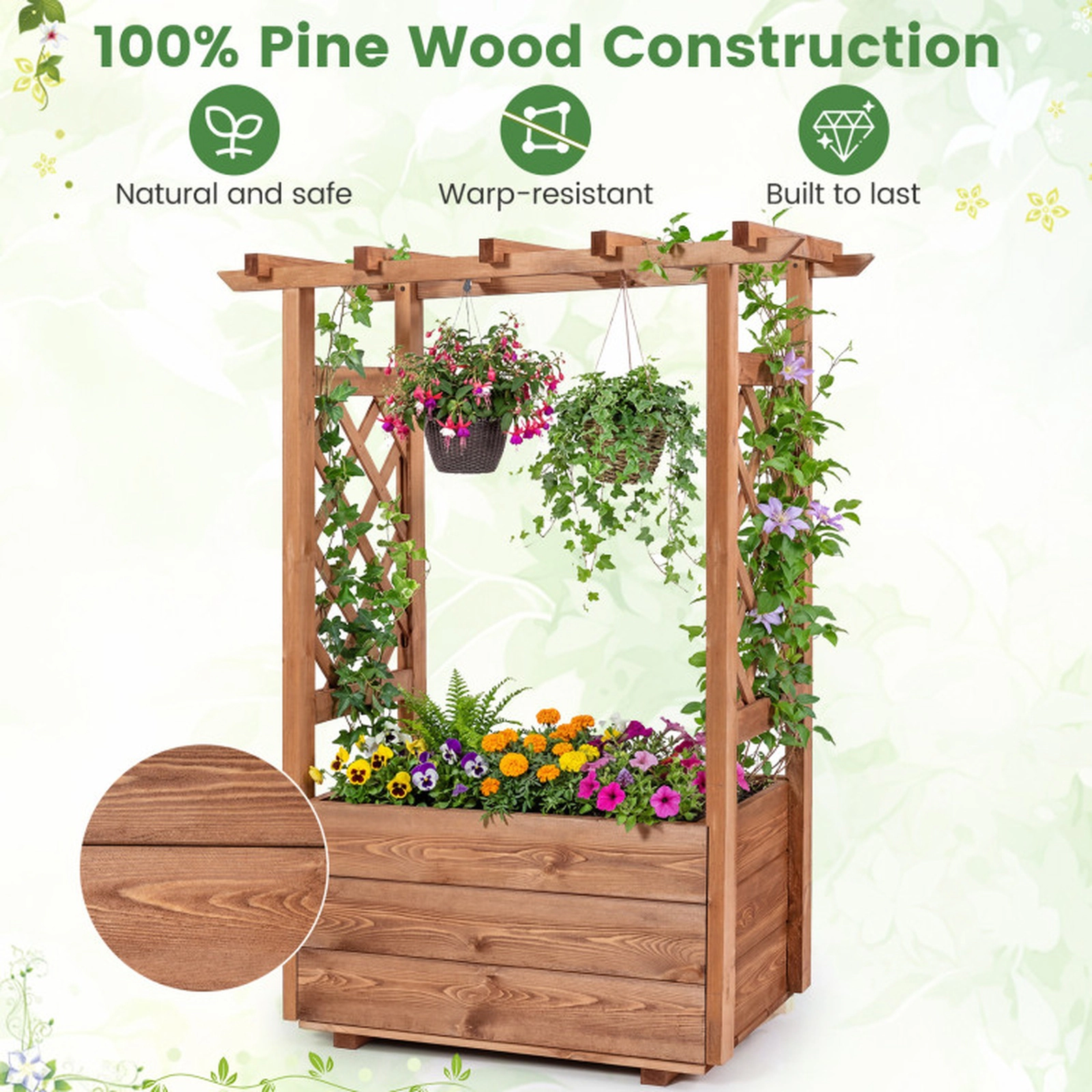 SUGIFT 41-in Tall Pine Wood Raised Garden Bed Elevated Planter Box with 2 Side Trellises and Hanging Roof
