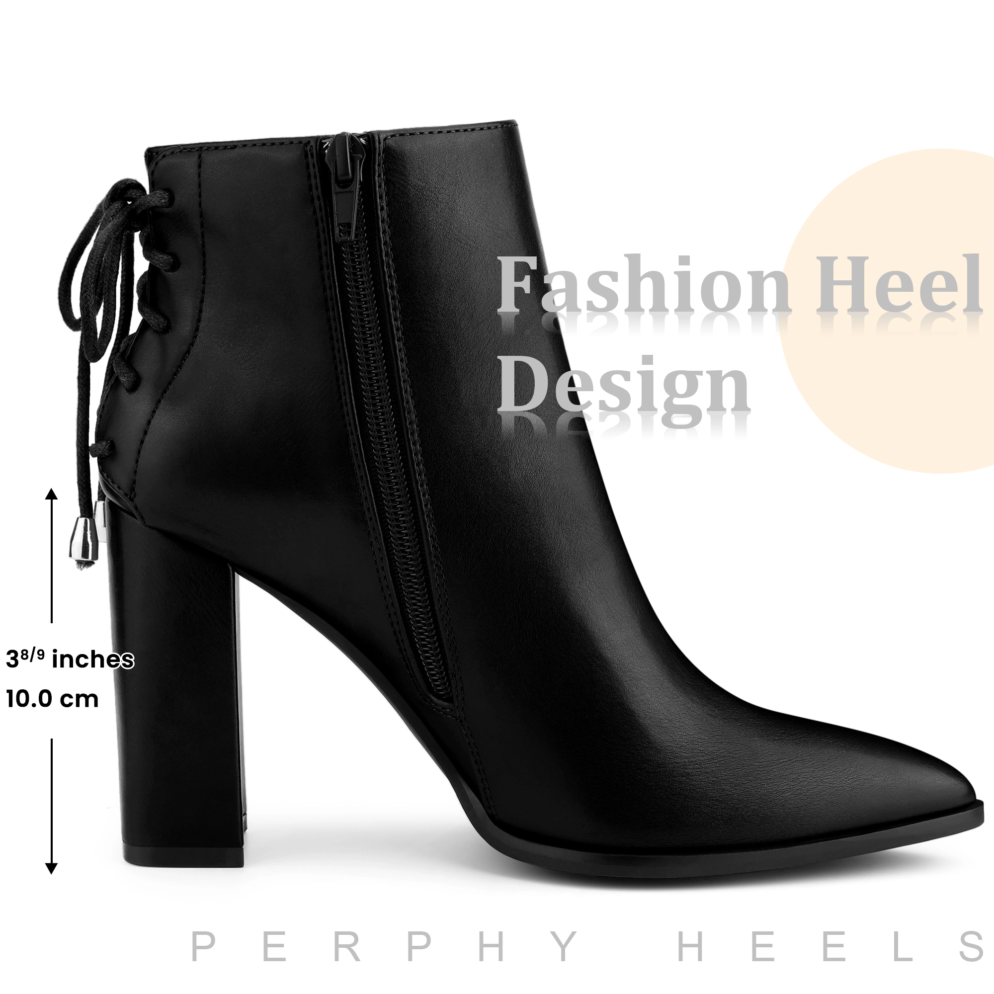 BLISSFUL STEP Women Faux Leather Pointed Toe Back Lace Up Chunky Heel Ankle Boots