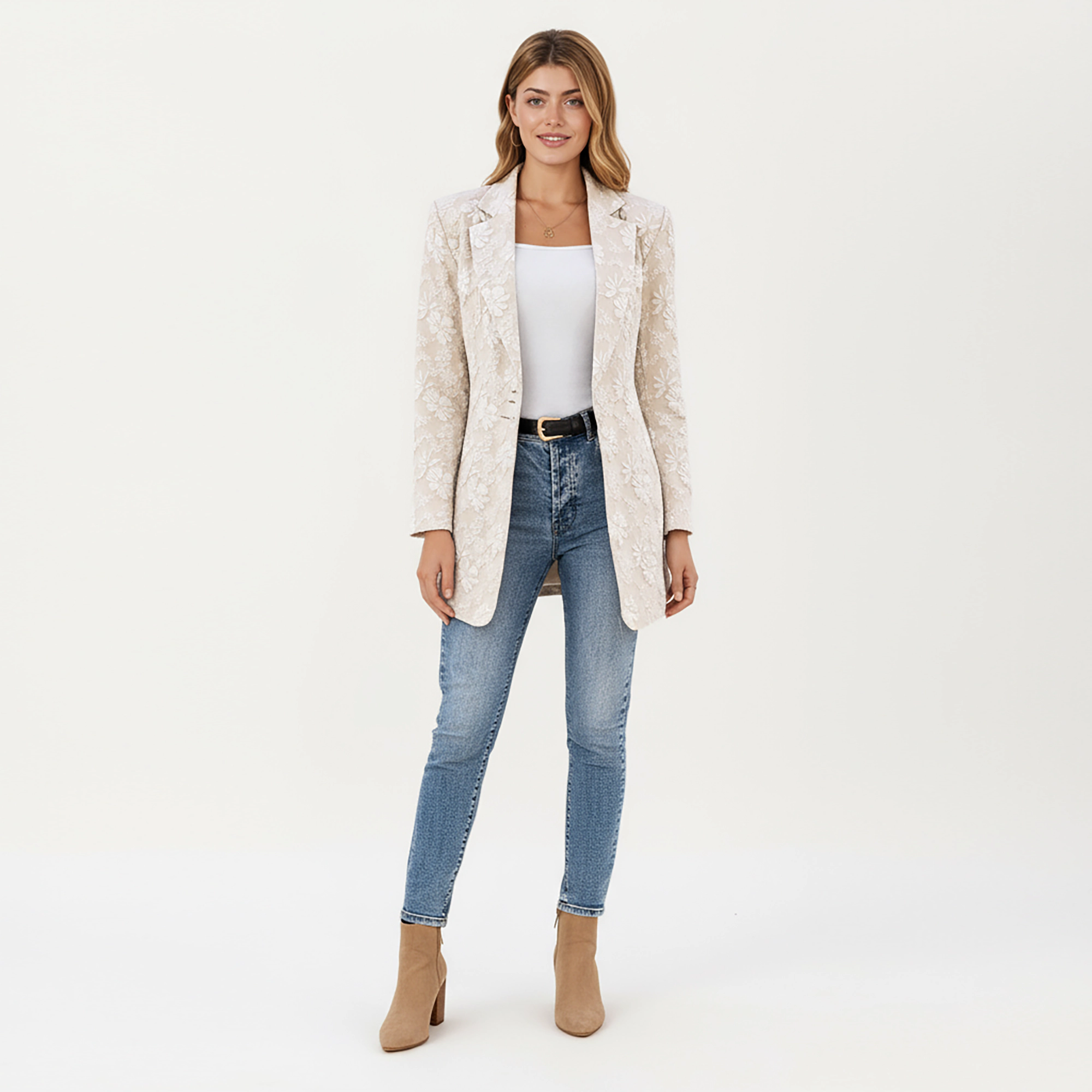 Anna-Kaci Women's Floral Textured Longline Blazer with Notched Lapel and Open Front