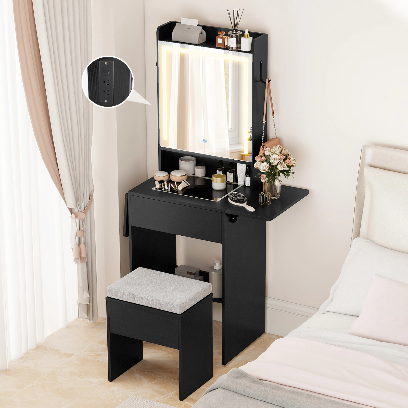 SUGIFT Space-Saving Vanity Desk with LED Mirror, Charging Station and Storage Stool 44-lb Tabletop Capacity 297-lb Stool