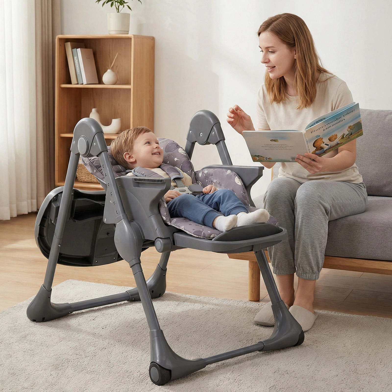 SlickBlue Gray Foldable Baby High Chair with Reclining Backrest and Removable Trays