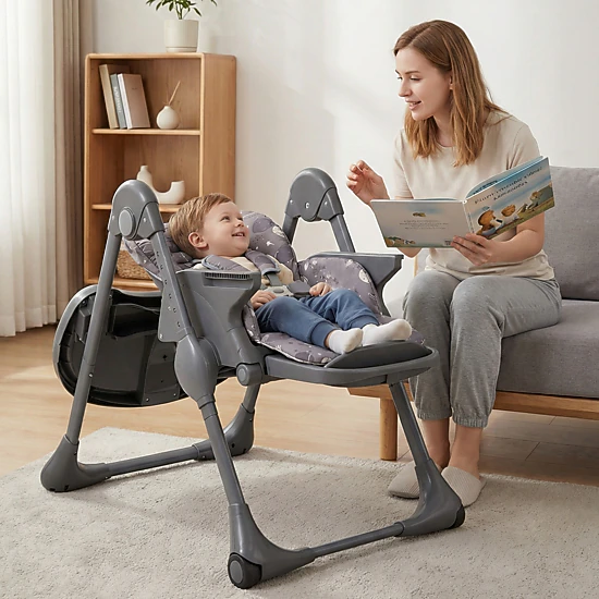 SlickBlue Gray Foldable Baby High Chair with Reclining Backrest