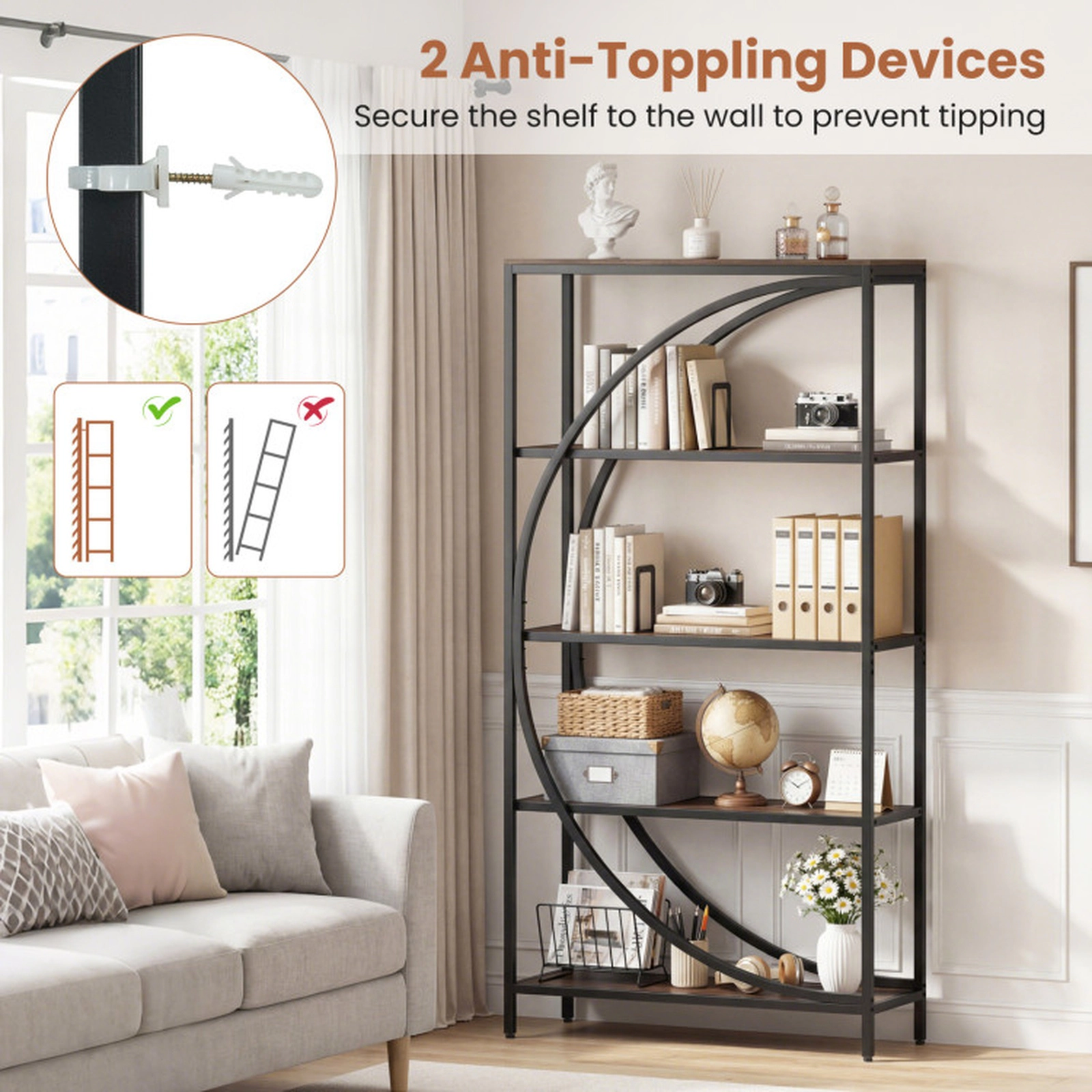 SUGIFT 5-Tier Half-Moon Geometric Bookshelf 65-in Tall with 88-lb Top and 66-lb Shelves Rustic Brown + Black