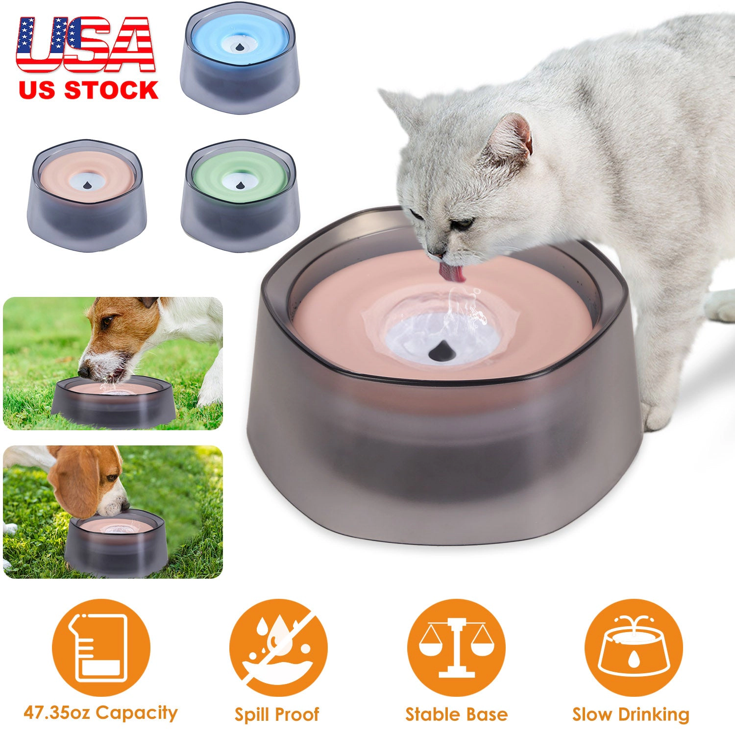 GBruno No-Spill Slow Water Feeder Pet Bowl 47oz