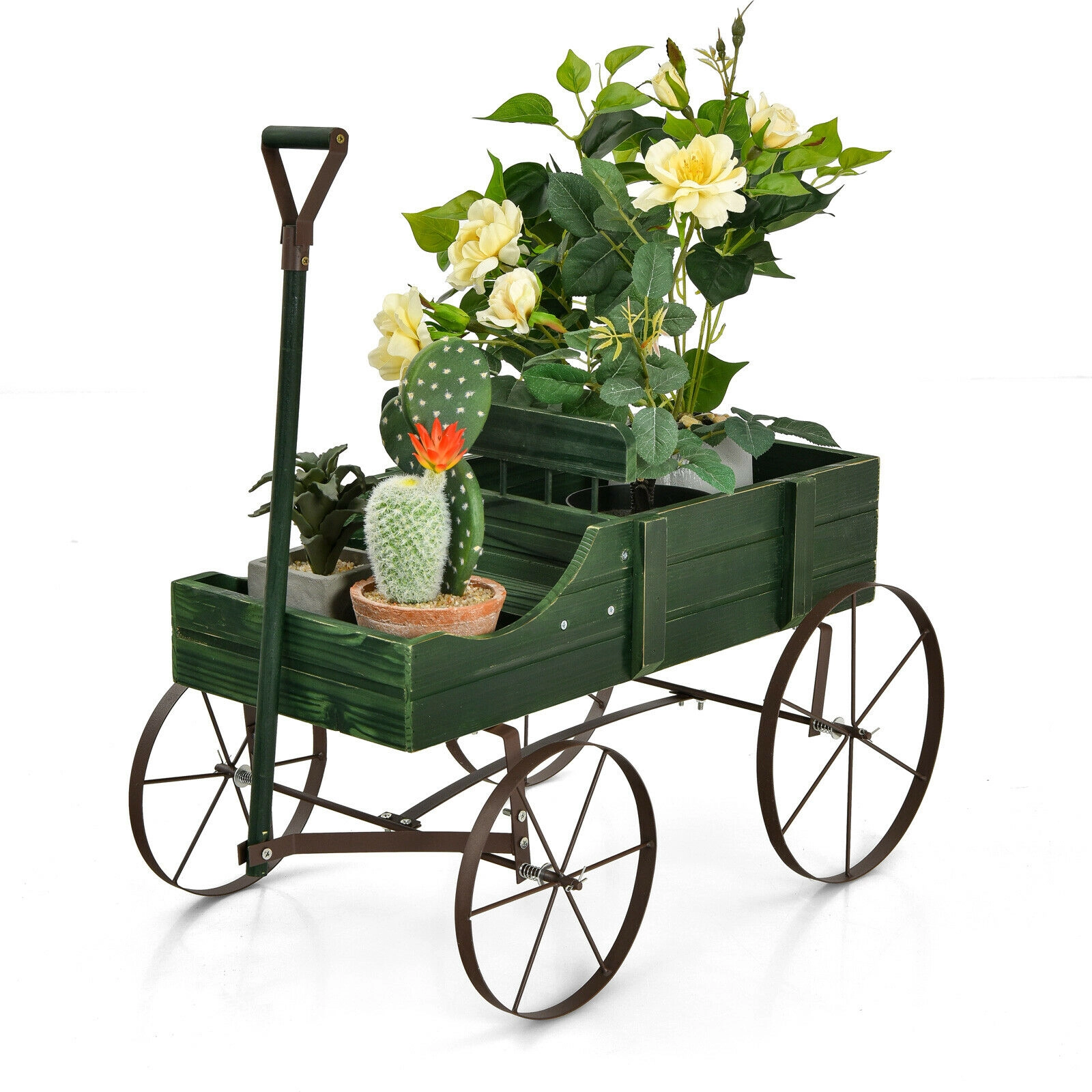 SUGIFT Green Wooden Wagon Planter with Antique Metal Wheels 24.5-in W 13.5-in D 24-in H 33-lb Cart Capacity