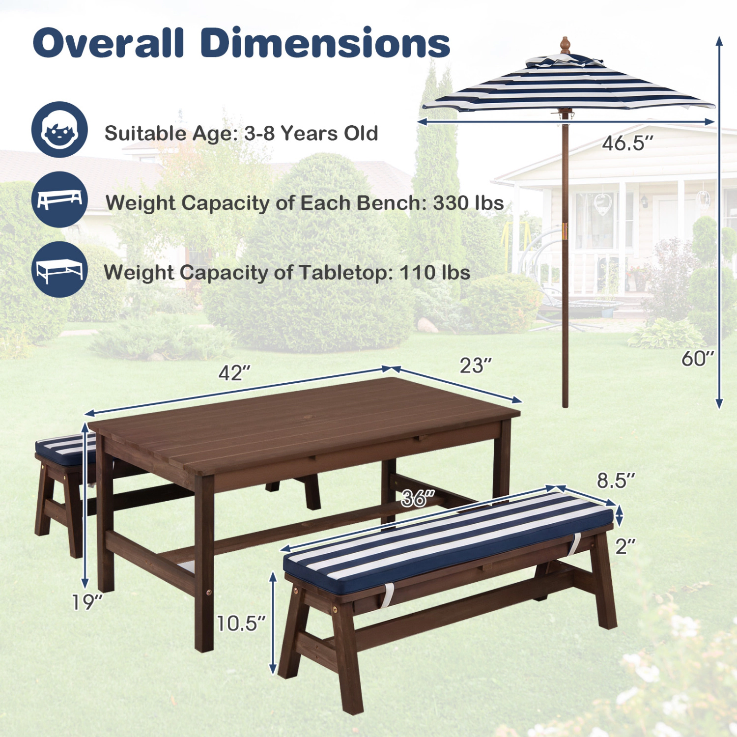 Hivvago Outdoor Wooden Kids Picnic Table With Removable Umbrella And Cushions