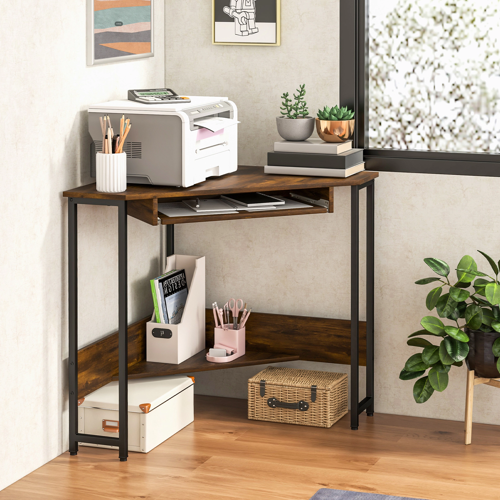 SUGIFT Rustic Brown Charging Station Keyboard Tray and Storage Shelf Triangle Corner Desk