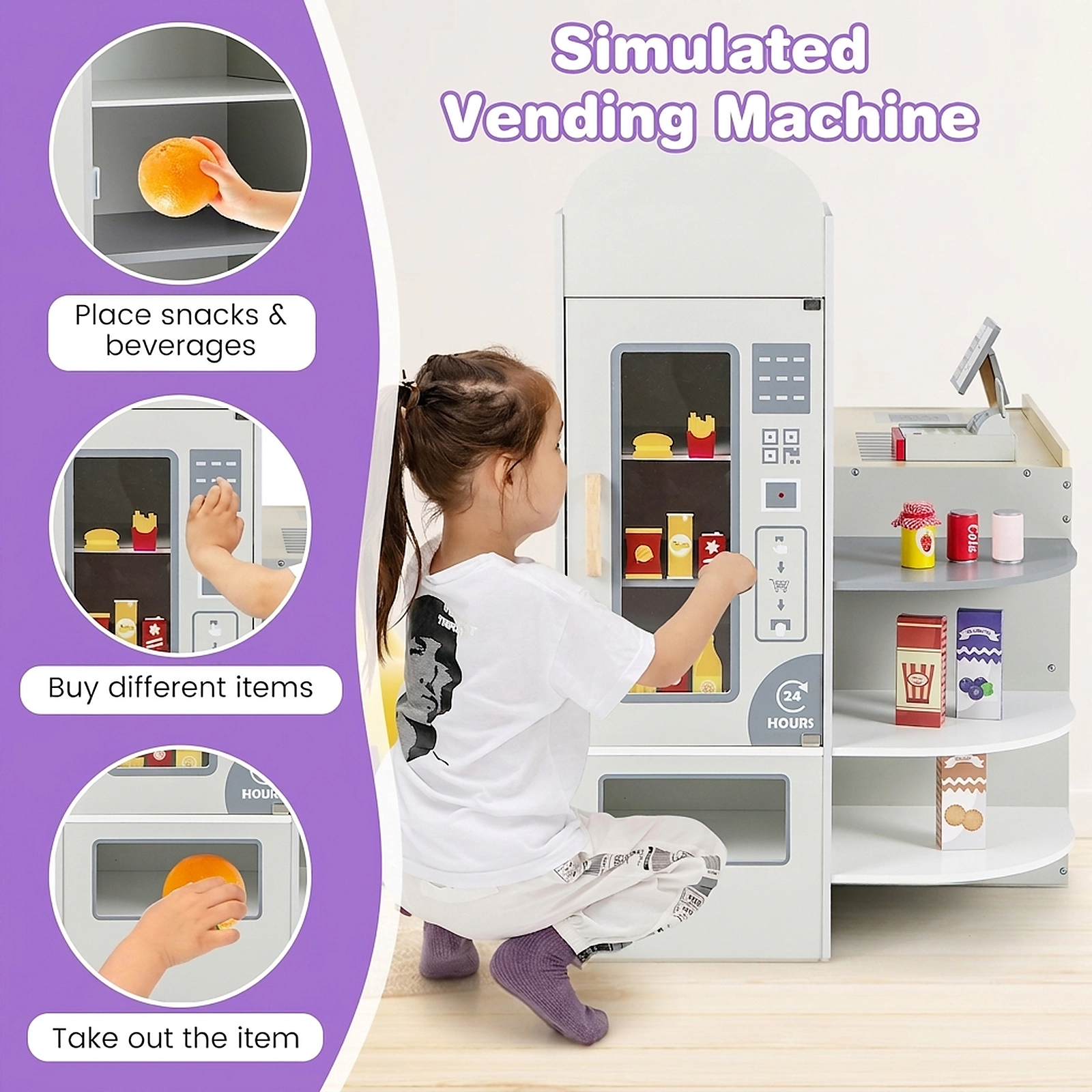 Kids Grocery Store Playset with Toy Cash Register Scanner Card Reader and 13-pc Toy Food 35-in x 22.5-in x 34.5-in Gray