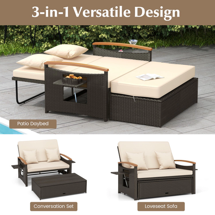 Hivvago Outdoor Wicker Daybed With Folding Panels And Storage Ottoman