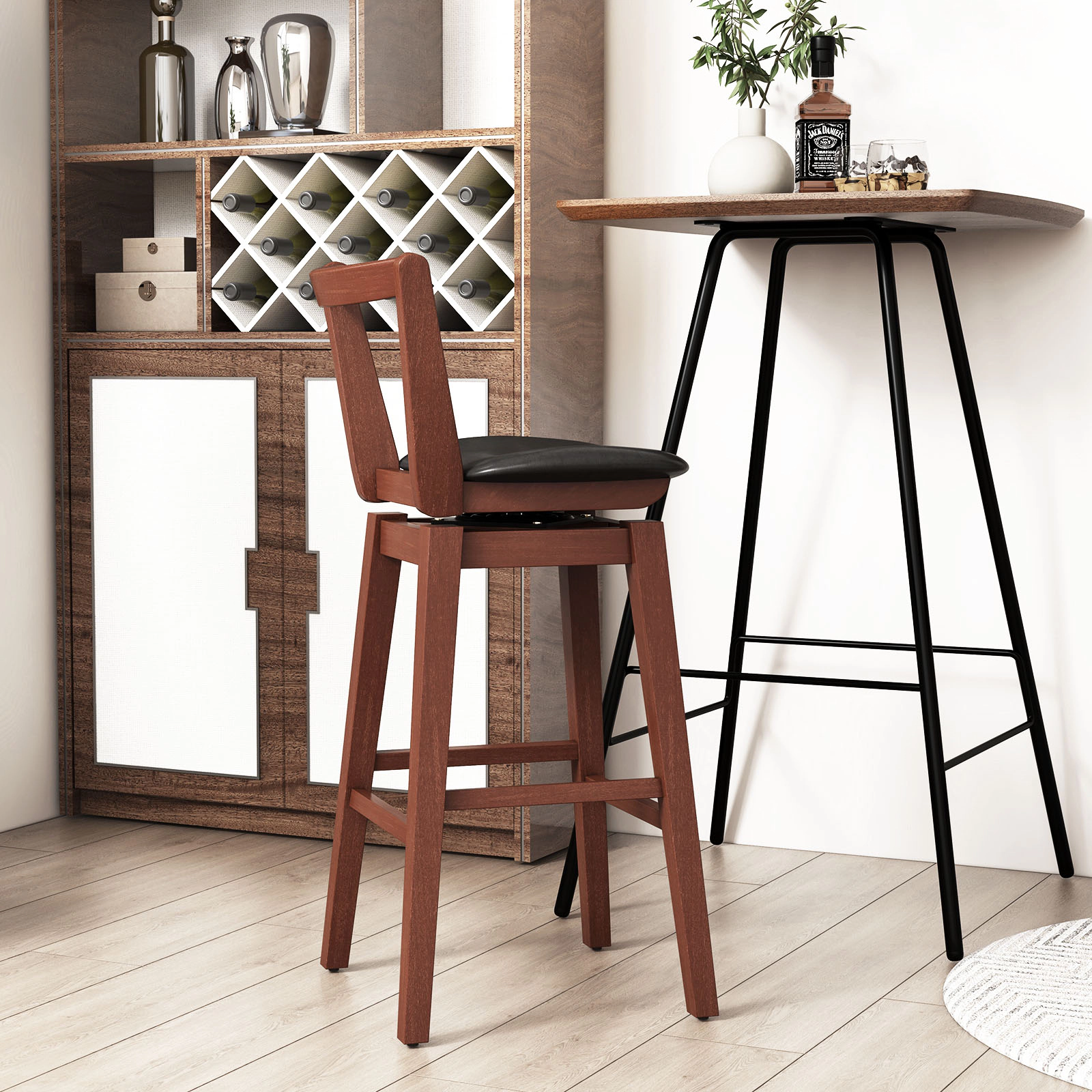 SUGIFT Swivel Upholstered PU Leather Bar Stool with Backrest and Cushioned 30.5-in Seat 335-lb Capacity Walnut and Black