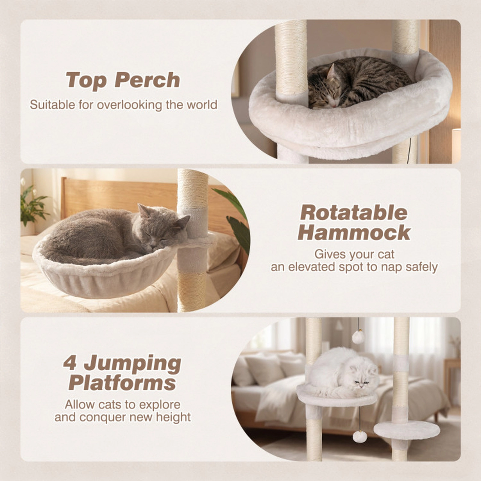 SUGIFT 6-Tier Floor to Ceiling Cat Tree Adjustable 93-in to 105.5-in with Rotating Plush Bed and Sisal Posts