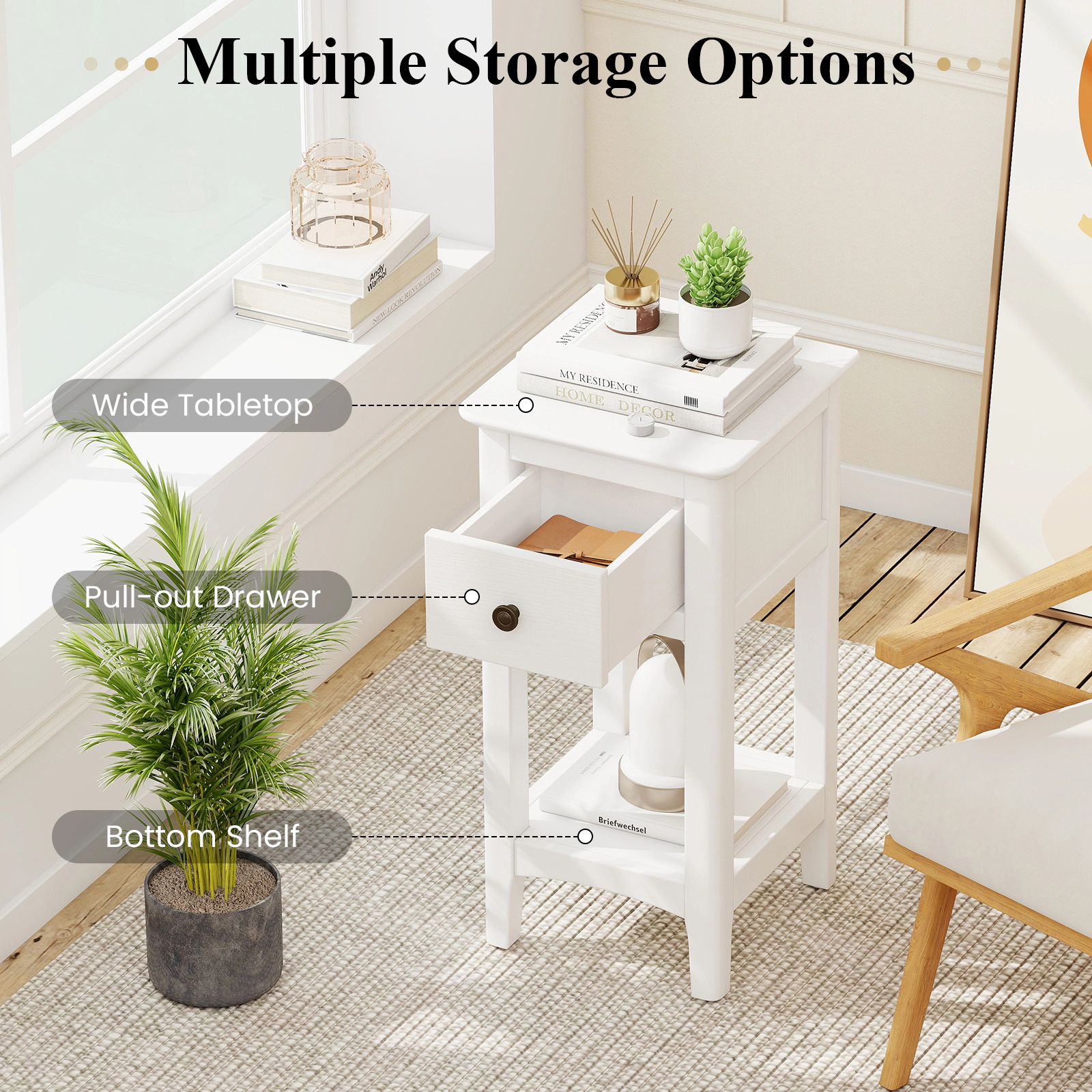 SUGIFT 3-Tier Nightstand with Drawer and Open Storage Shelf 44-lb Bottom Shelf Capacity White