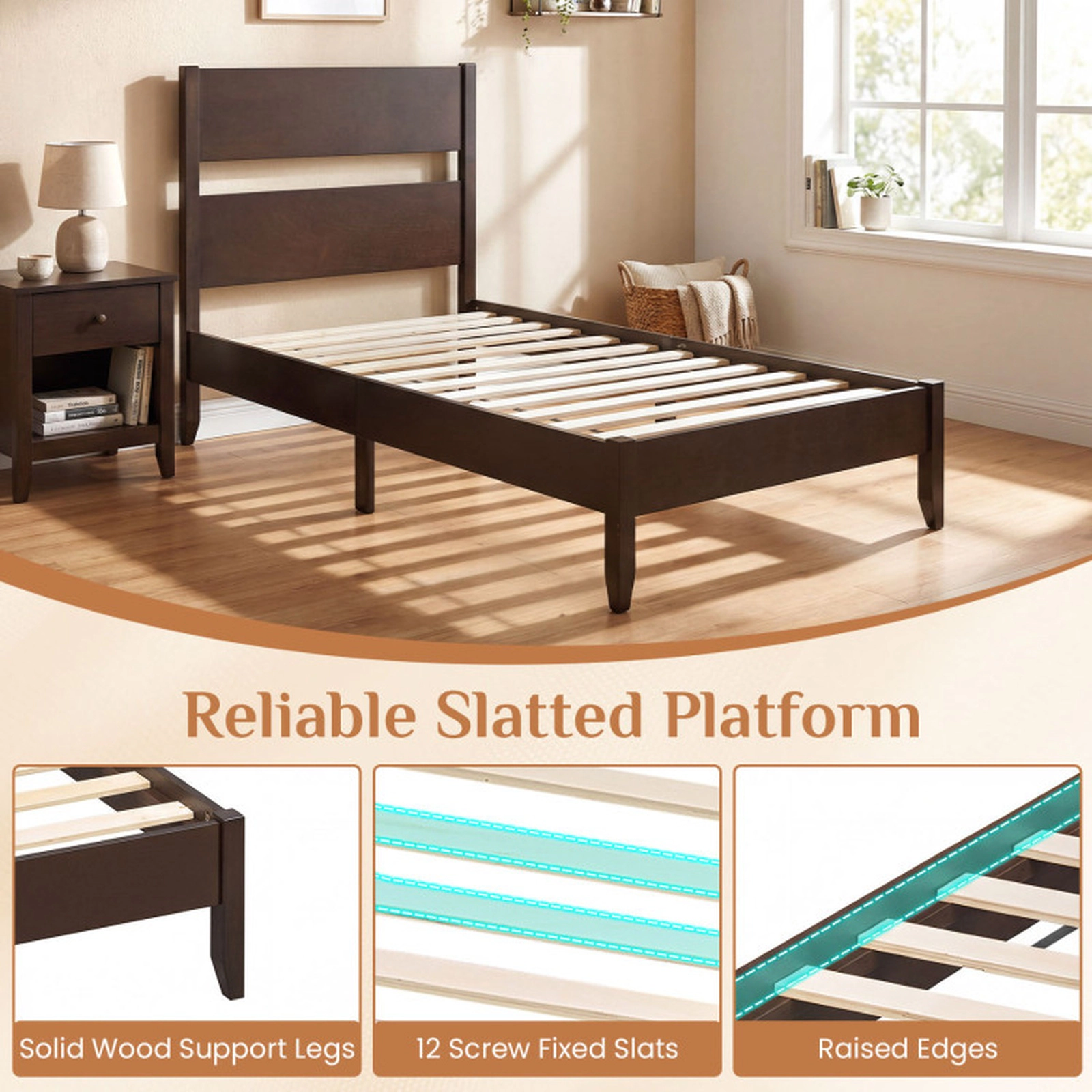 SUGIFT Dark Walnut Panel Headboard Solid Wood Legs and 12 Slats Twin Size Wooden Bed Frame