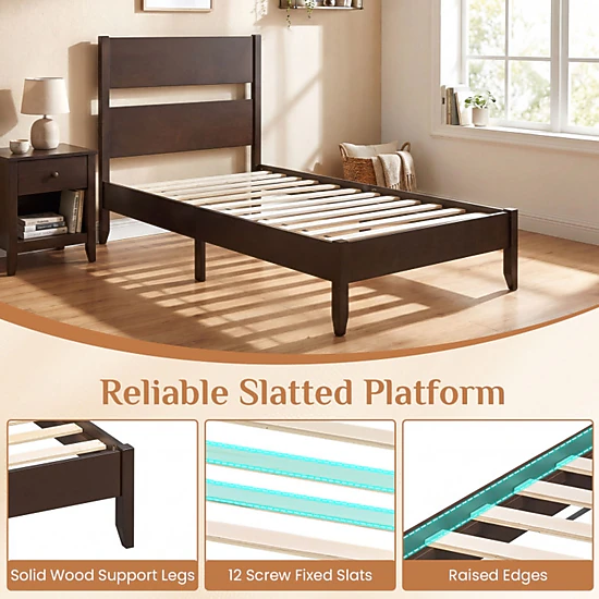 SUGIFT Solid Wood Twin Bed Frame with Headboard and 12 Slats 550-lb Capacity 79.5-in Frame Warm Brown/Dark Walnut