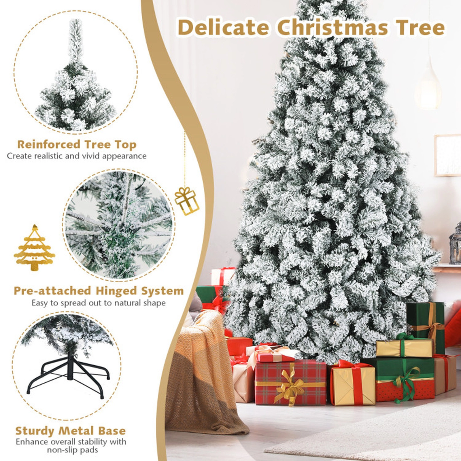 SUGIFT Pre-Lit Snow Flocked Hinged Artificial Christmas Tree 7.5-ft Tall 1010 Tips & 450 LED Lights with Metal Stand