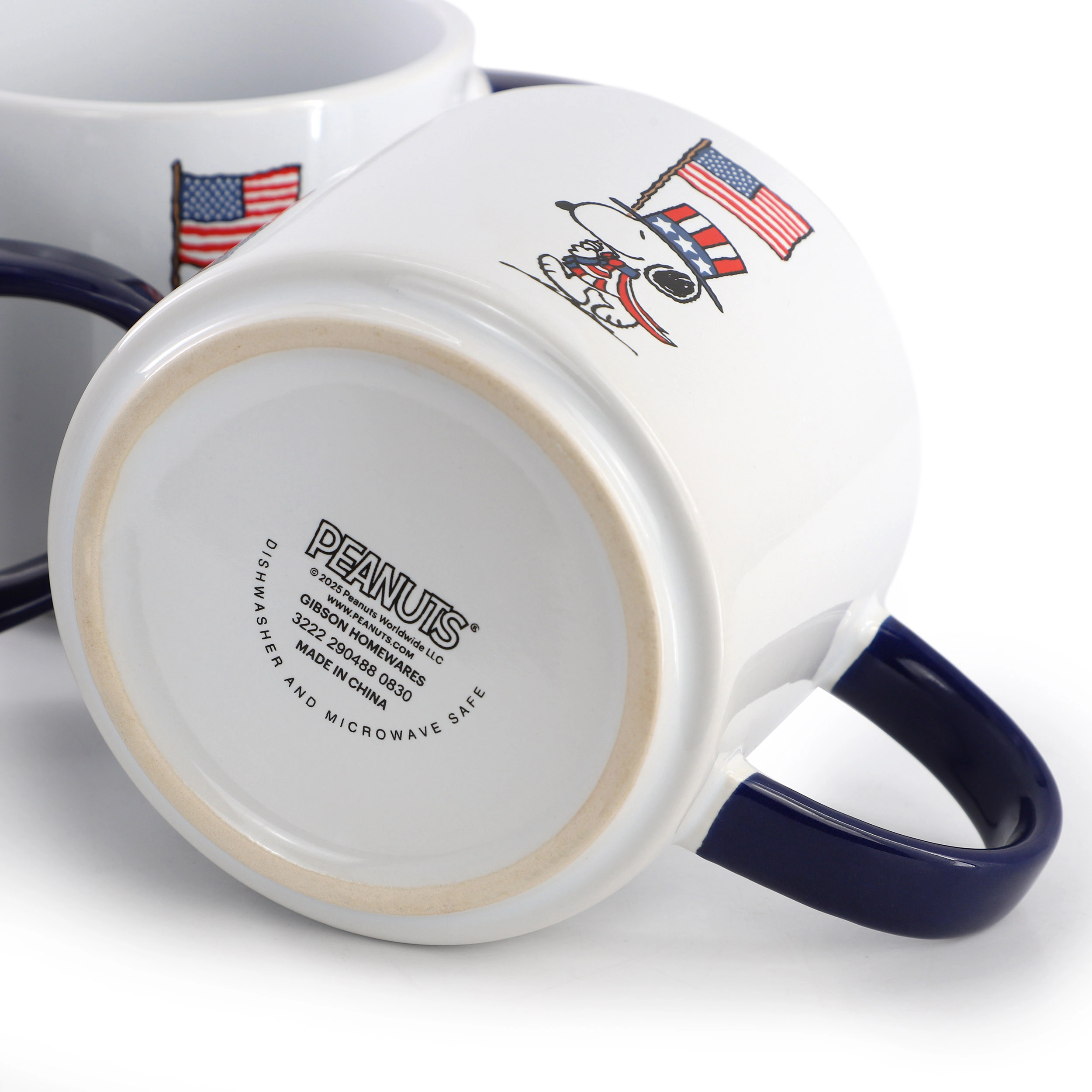 Peanuts Raise the Flag 4 Piece 15 Ounce Stoneware Mug Set in White, Blue, and Red