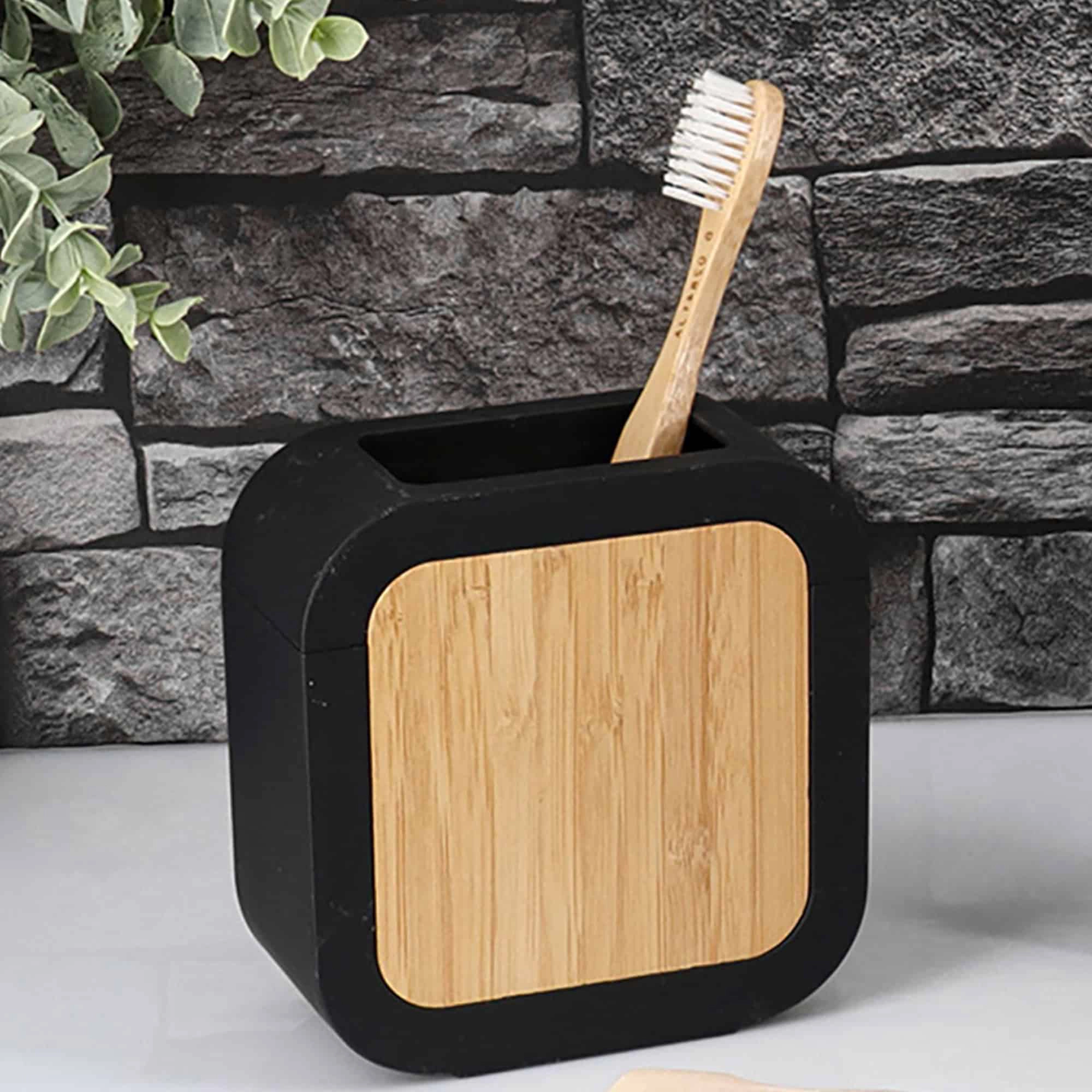 Evideco French Home Goods Urban Compact Toothbrush Holder - Rubber Body with Natural Wood Accent