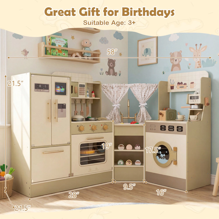 Hivvago Kids Corner Play Kitchen with Faucet and Dishwasher and Stoves