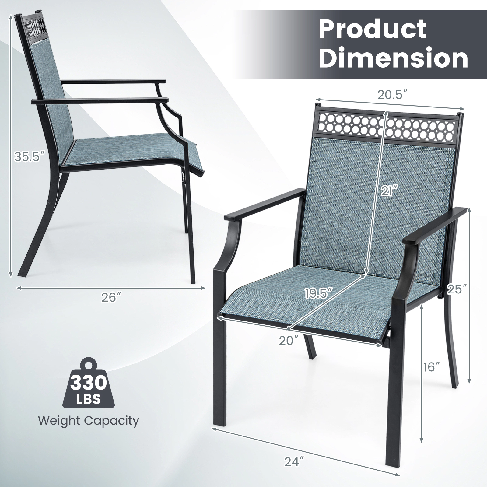 SUGIFT All Weather Breathable Fabric Patio Dining Chairs Set of 2 26 x 24 x 35.5 in 330 lbs Capacity Blue