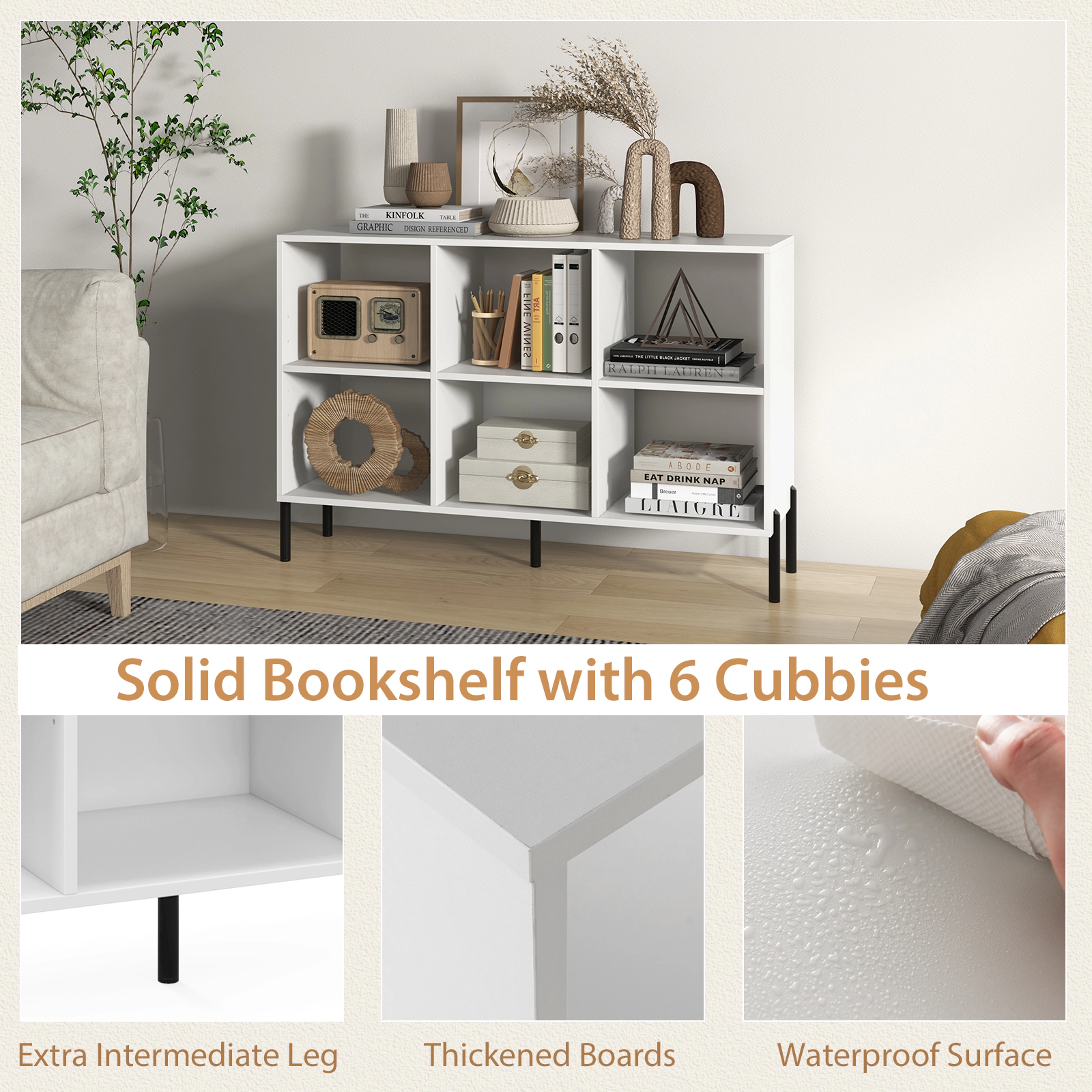 SUGIFT 3-Tier White Open-Back Low Bookshelf with 2 Adjustable Shelves and 135-lb Tabletop for Study
