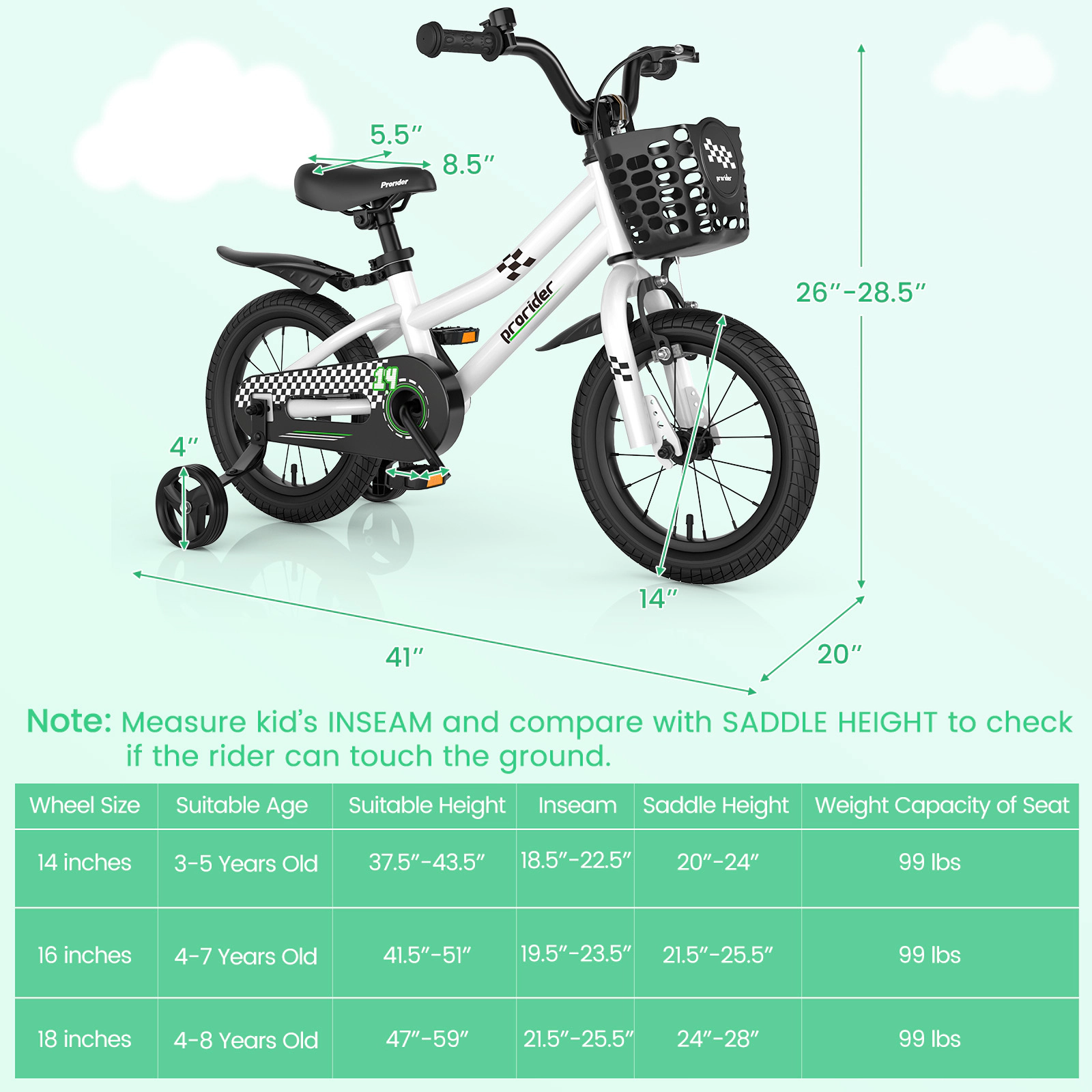 14-in Kids Bike 2 Training Wheels 5-Layer Pneumatic Tires Removable Basket Adjustable Saddle Ages 3-5 Black White