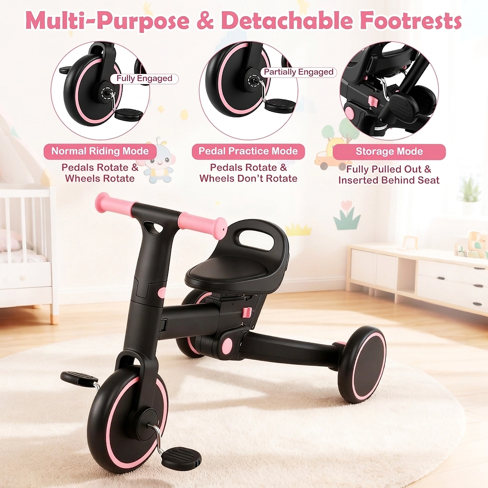 4-in-1 Foldable Toddler Tricycle Parent Steering Push Handle 3 Height Settings Quick-Release Pedals 18-60 Months Pink