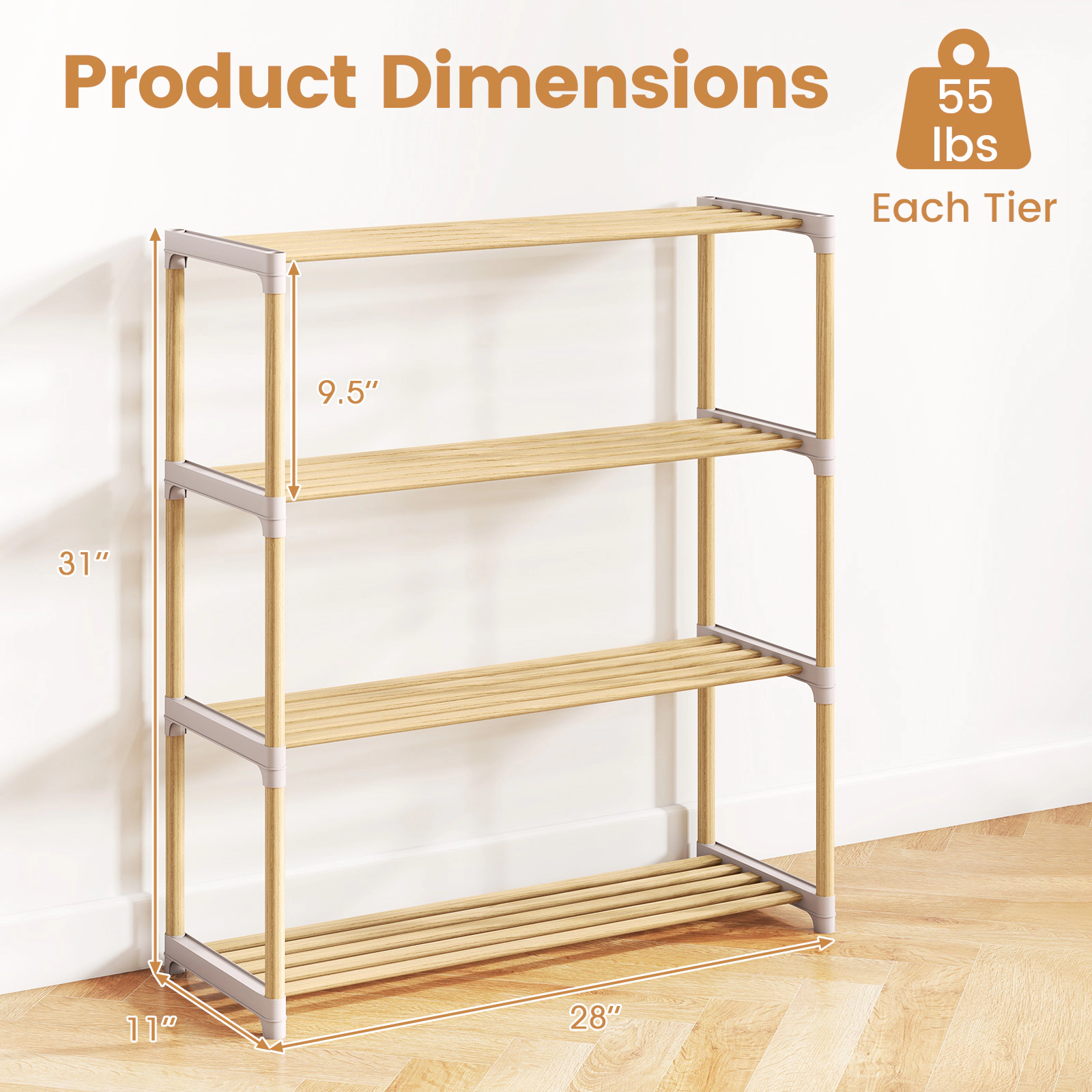SUGIFT 4-Tier Solid Wood Shoe Rack Natural with Slatted Open Shelves