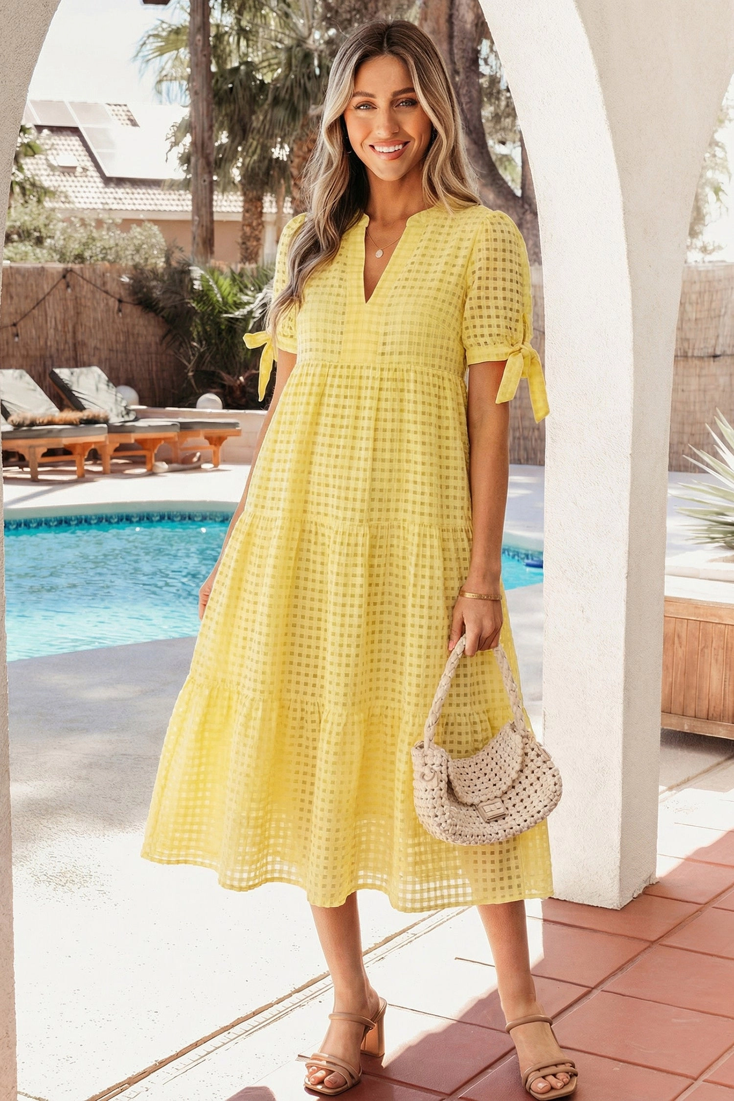 Threaded Pear Womens Skyla Sleeve Tiered Gingham Midi Dress