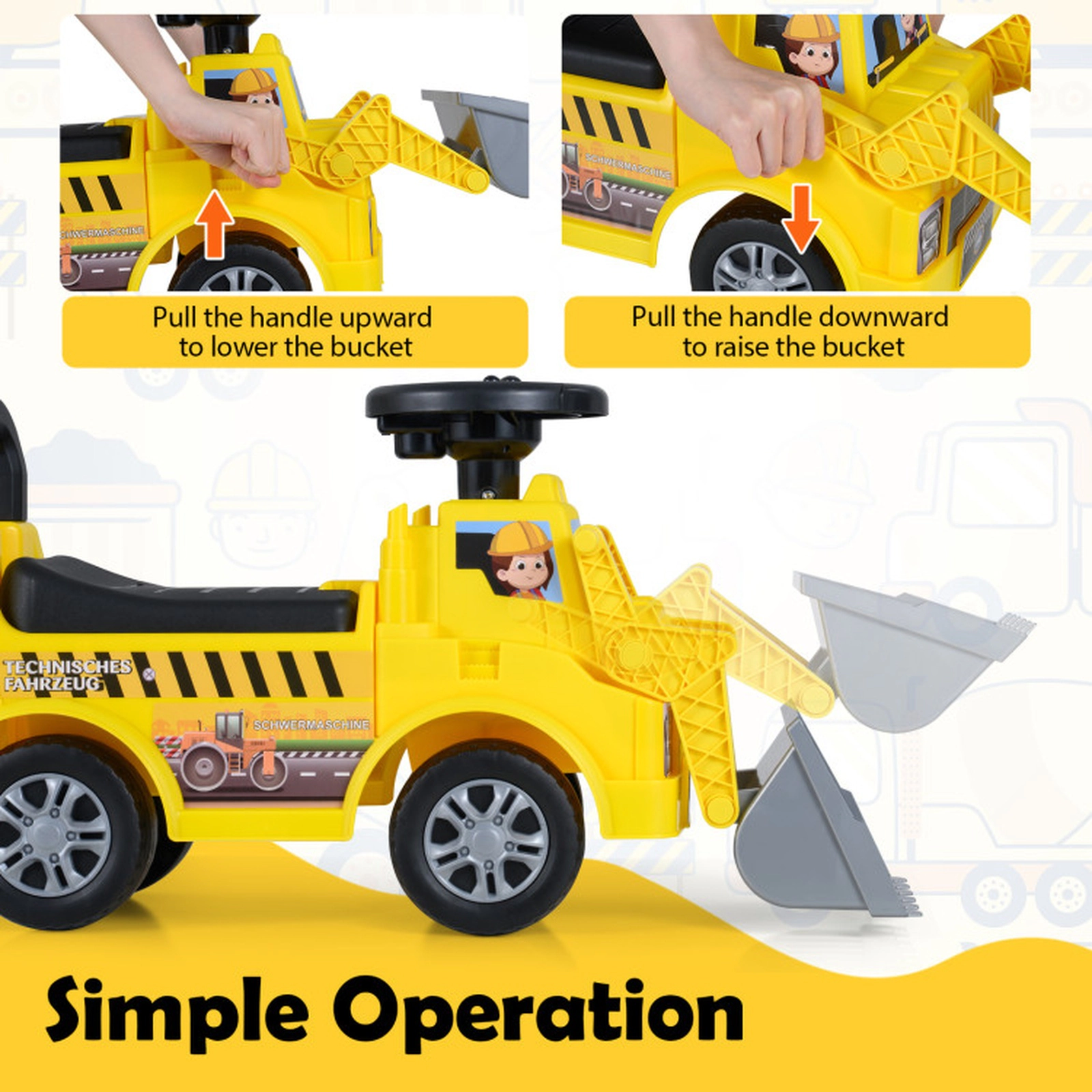 SUGIFT Yellow Shovel Trailer and Under-Seat Storage Kids Foot to Floor Digger Ride On Truck