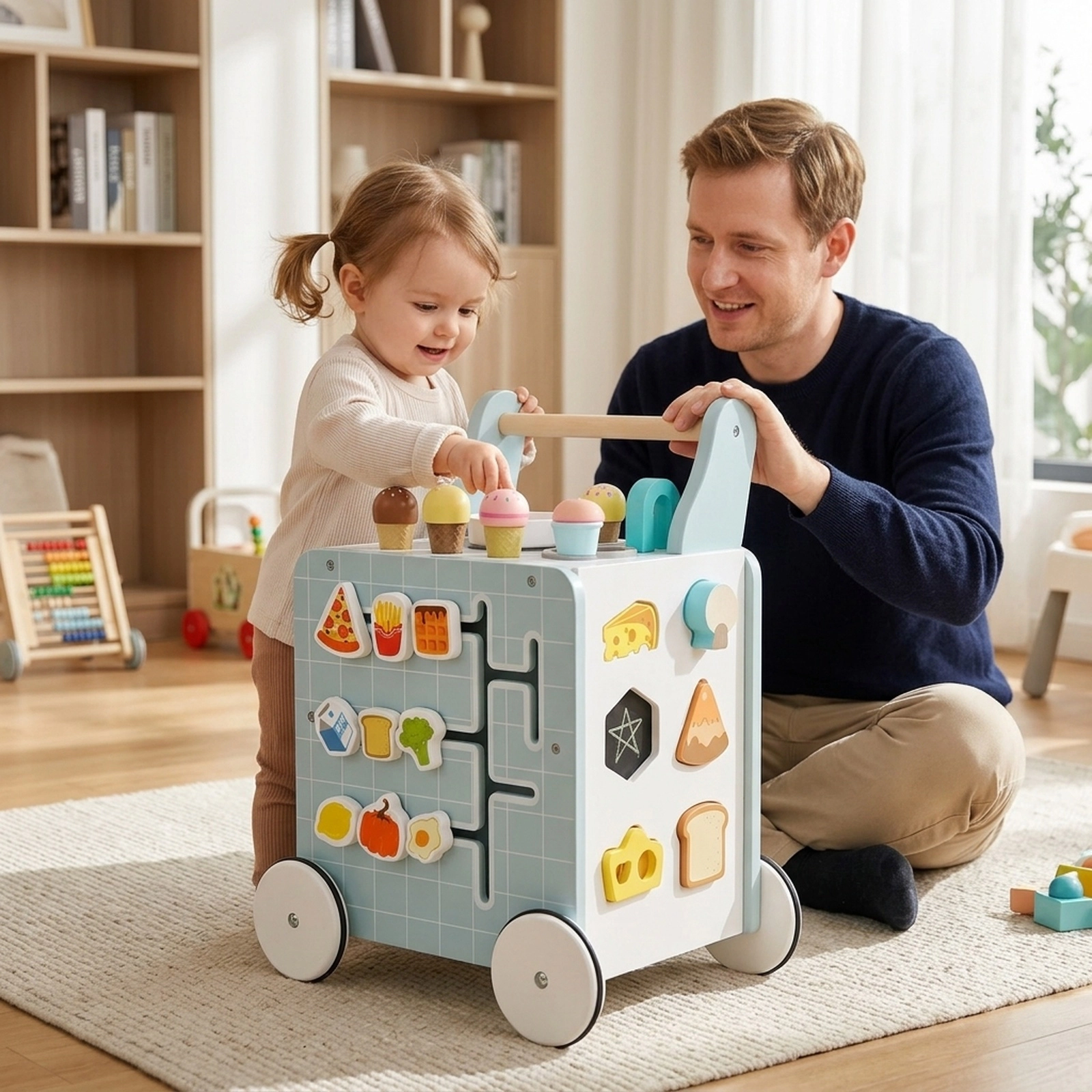 6-in-1 Wooden Baby Push Walker with Play Kitchen Shape Sorter Clock and Storage Box Blue Activity Walker