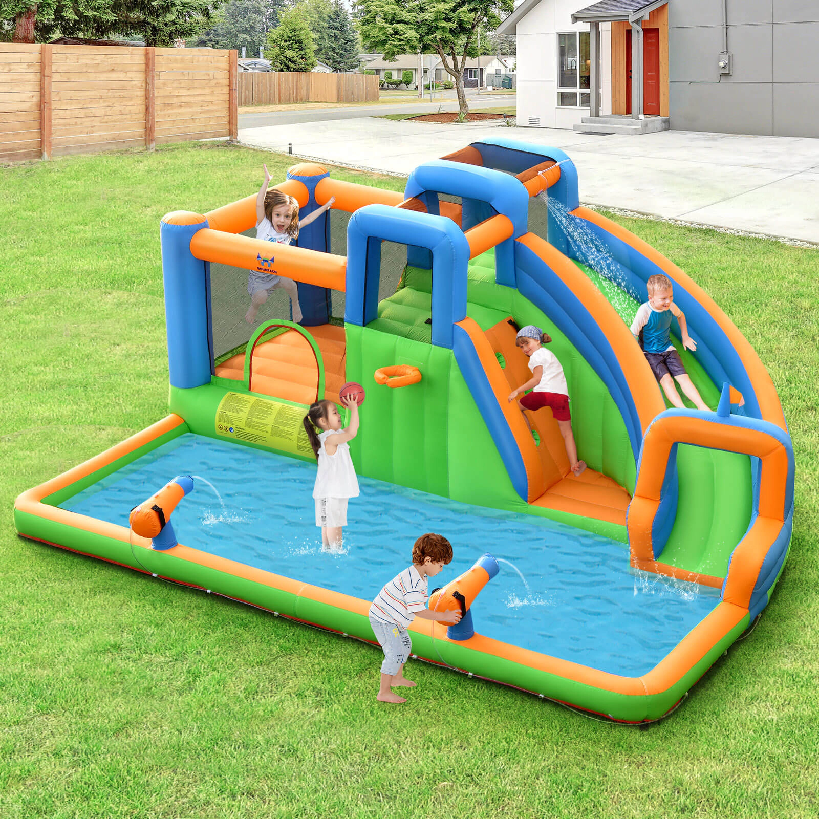 LJG Kids 7-in-1 Inflatable Giant Water Park Bouncer with Dual Climbing Walls and 735W Blower