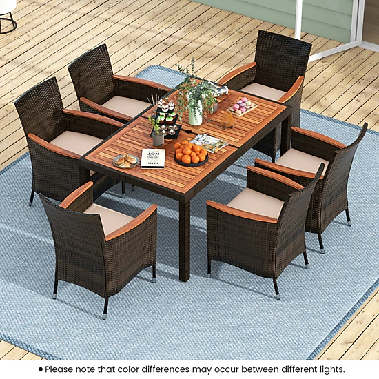 SUGIFT 7-Piece Garden Patio Rattan Dining Set with Cushions and Acacia ...