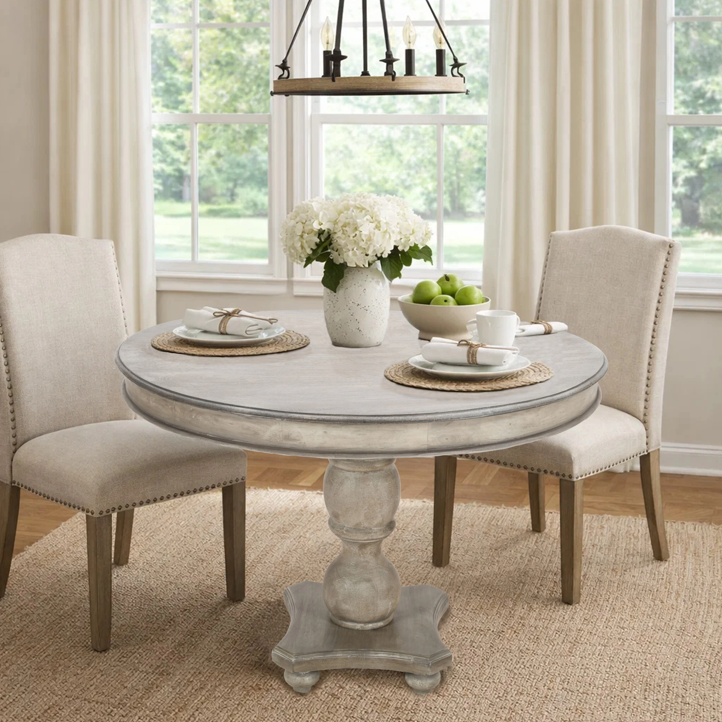 The Urban Port 42 Inch Handcrafted Mango Wood Dining Table, Pedestal Base, Round Molded Top, Washed White, Gray