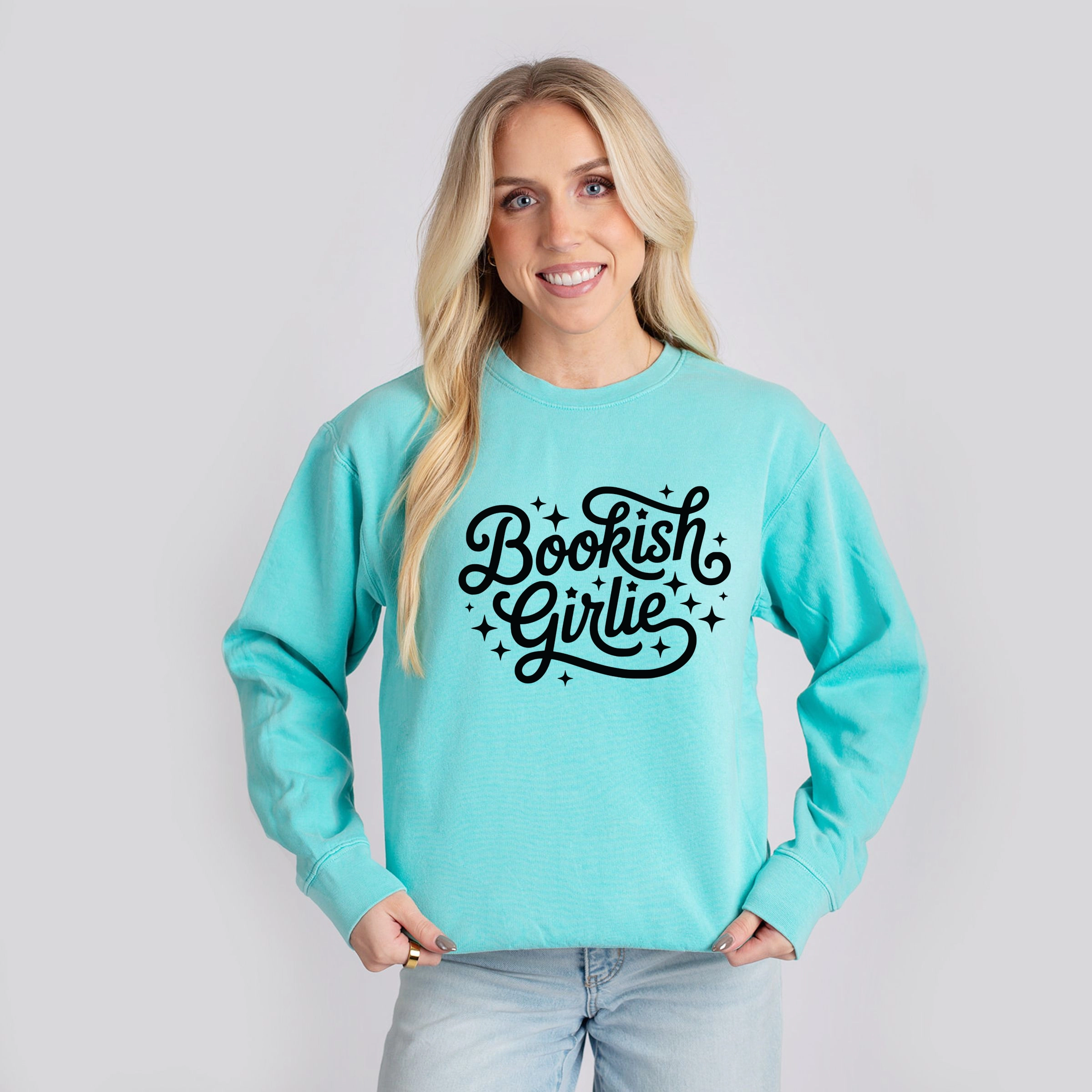 Simply Sage Market - Bookish Girlie Cursive Stars Women's Lightweight Garment Dyed Sweatshirt