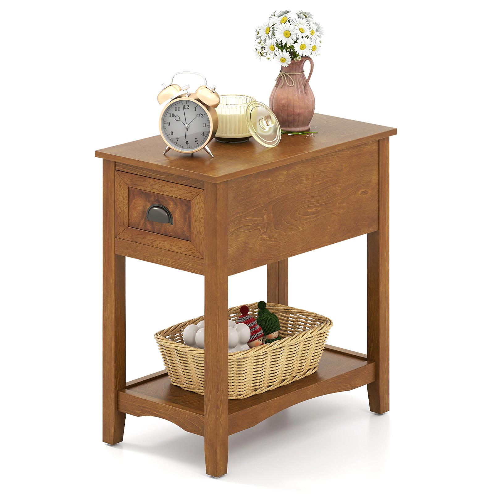 Glintex Compact Chairside End Table with Drawer and Lower Shelf on Rubber Wood Legs, Natural