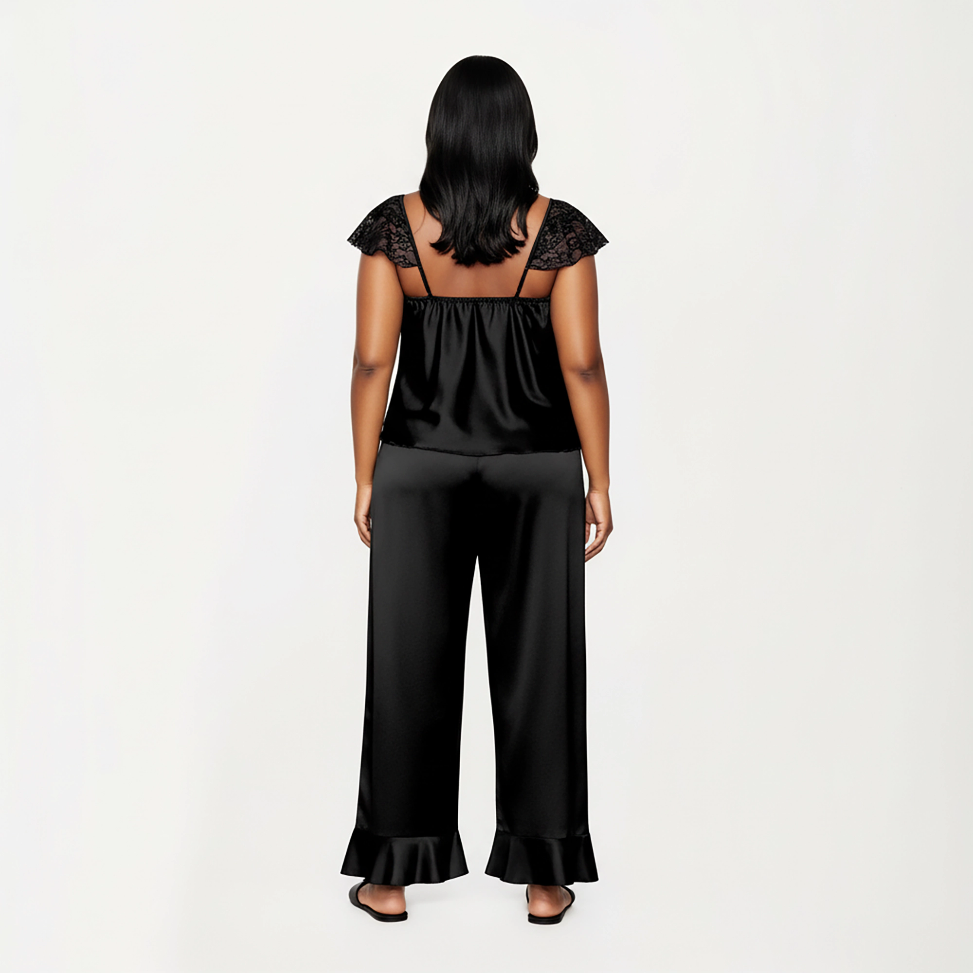 Anna-Kaci Women's Plus 2-Piece Satin Lace Trim Sleep Top and Wide Leg Pants with Soft Draping Silhouette