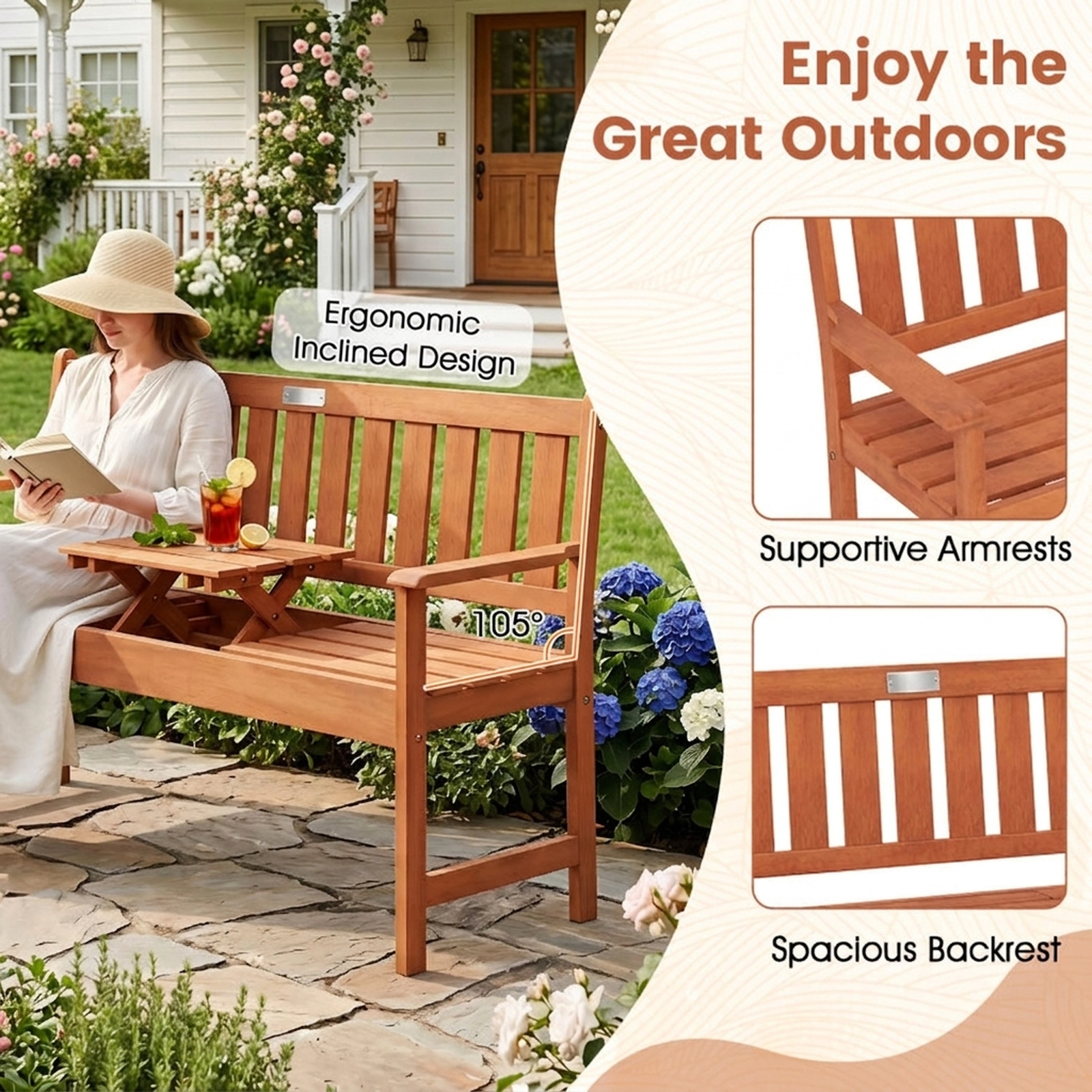 SUGIFT 59-in Outdoor Wood Garden Bench with Pull-Out Center Table 705-lb 2-Seater Capacity 36-lb Net Weight Natural