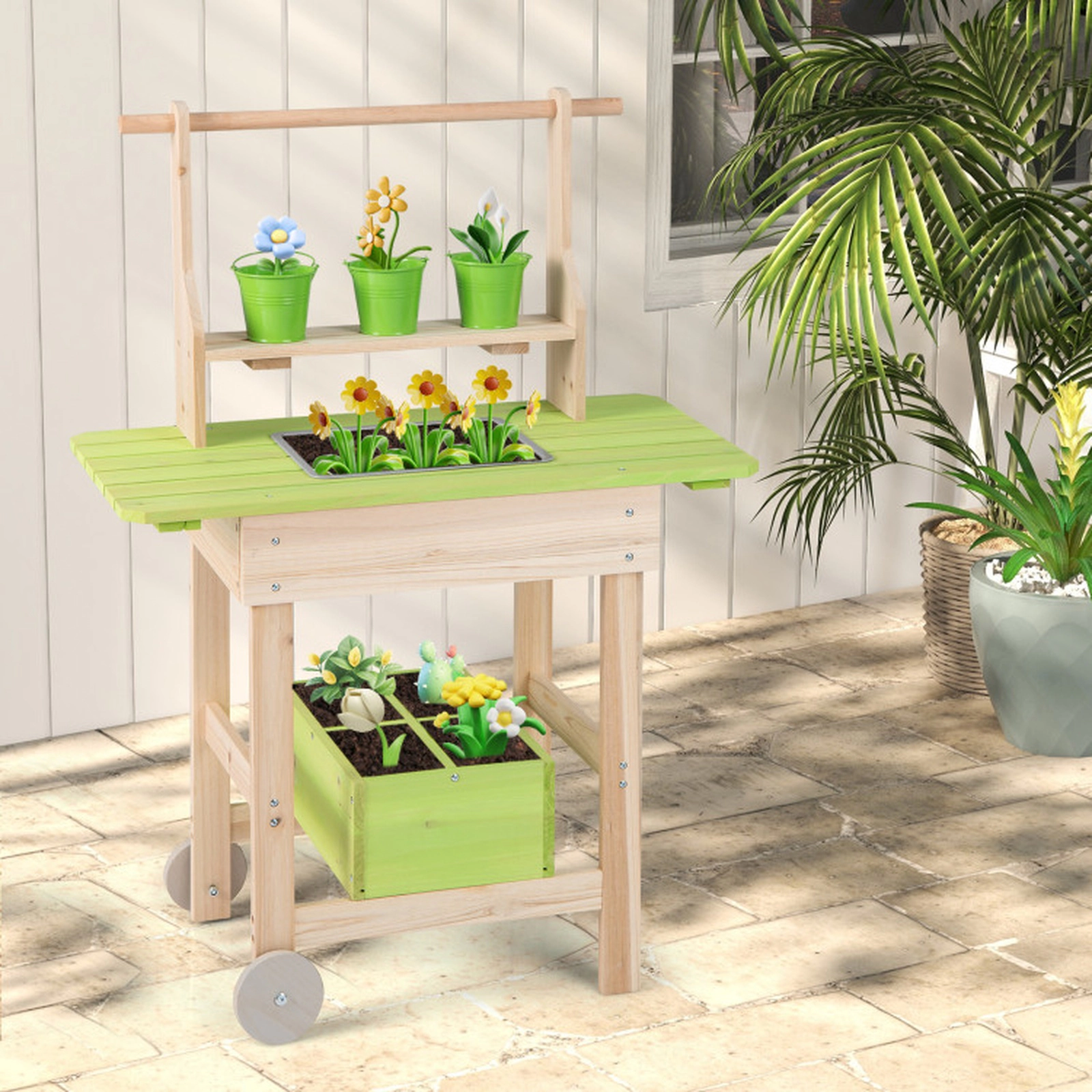 SUGIFT Kids Mud Kitchen with Flowerpots Watering Can Planting Trough & Storage Box 35.5-in Tall Ages 3+ Natural & Green