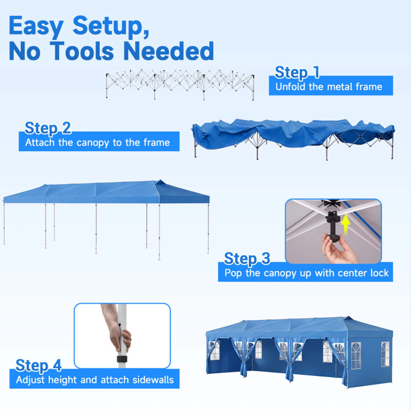 SUGIFT Blue 10-ft by 30-ft 3-Level 210D Oxford Pop Up Canopy Tent with 8 Sidewalls and Church Windows