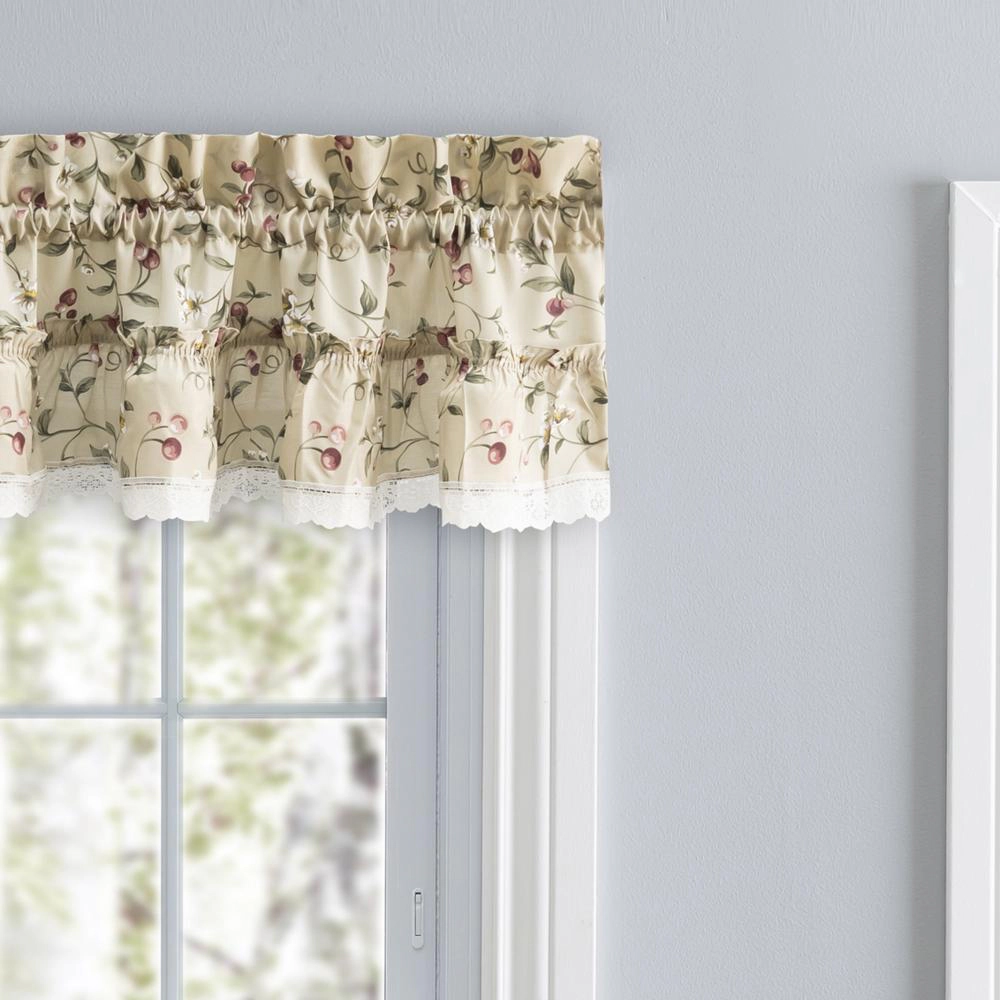 Ellis Curtain Cherries Ruffled 1.5" Rod Pocket Window Valance 52" x 12" Natural