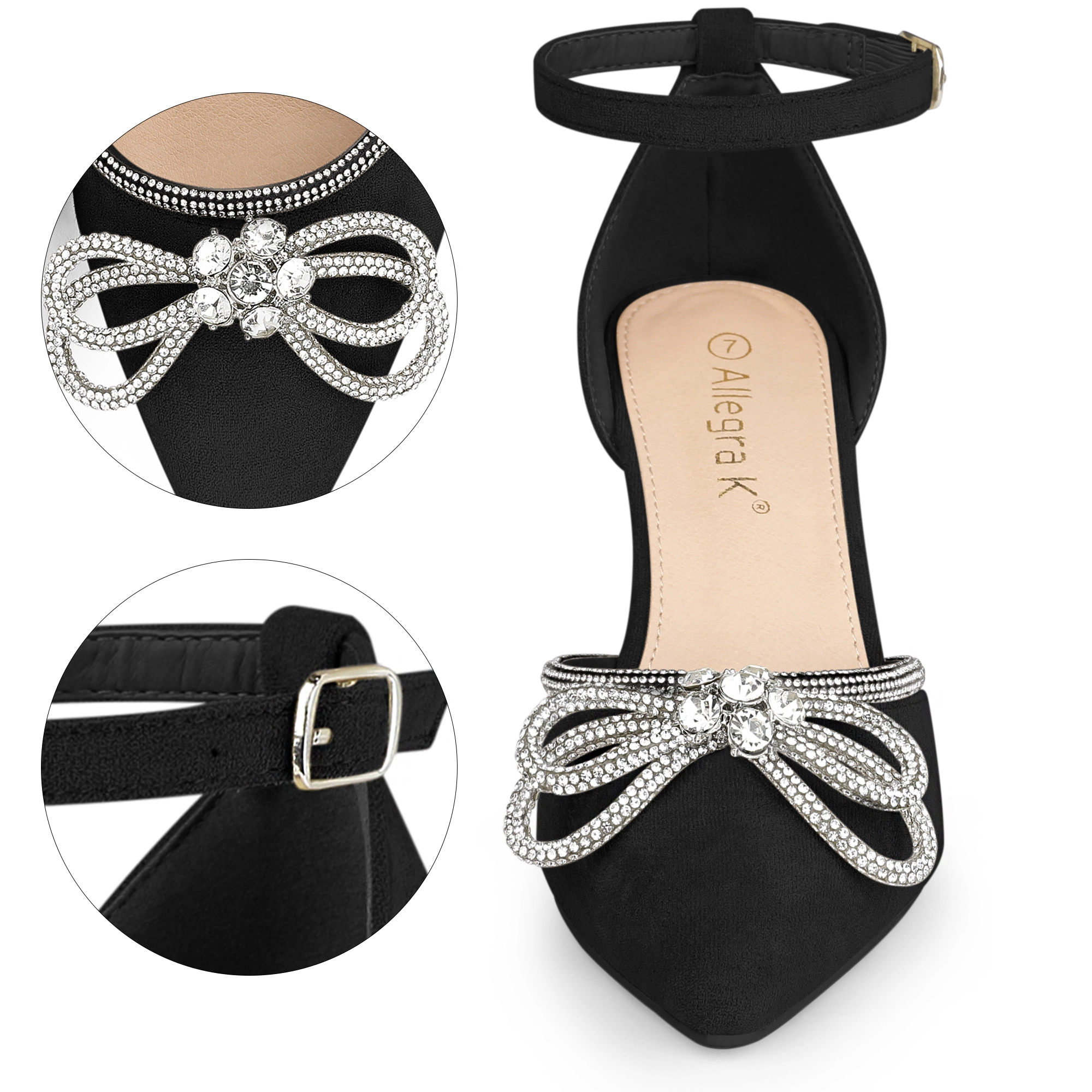 BLISSFUL STEP Women Rhinestones Bow Ankle Strap Stiletto Heel Sandals