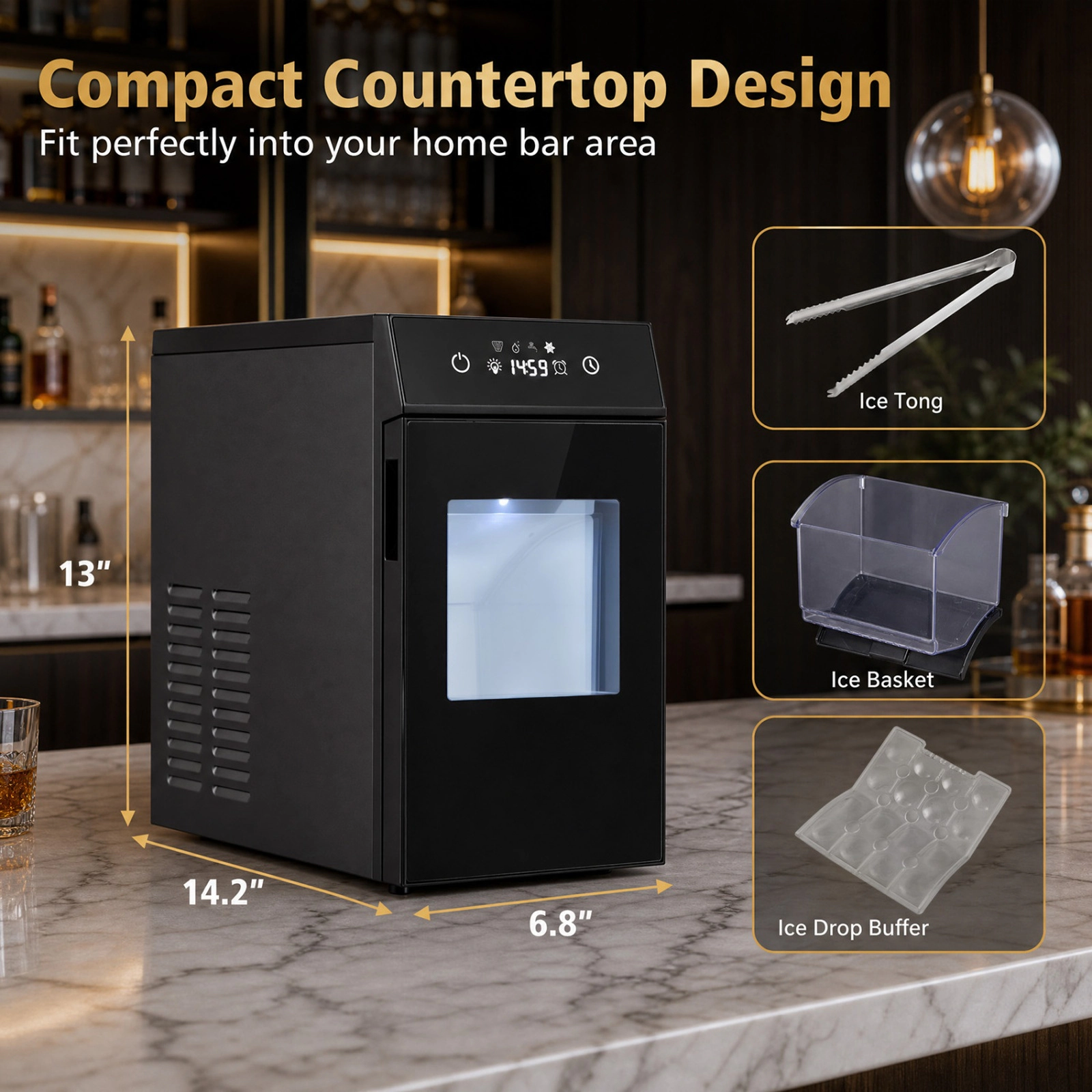 SUGIFT Black 2-in Sphere Ice Ball Maker Countertop with Self-Cleaning 8H Timer and Ice Drop Buffer