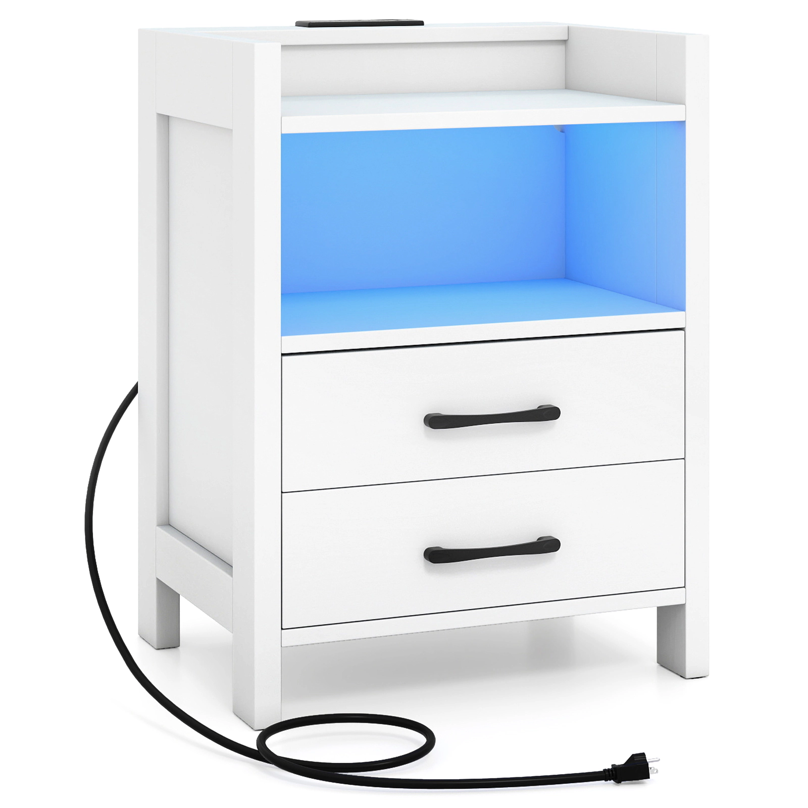 Slickblue White Nightstand 18 Inch with LED Lights Charging Station USB Type C and Storage Drawers