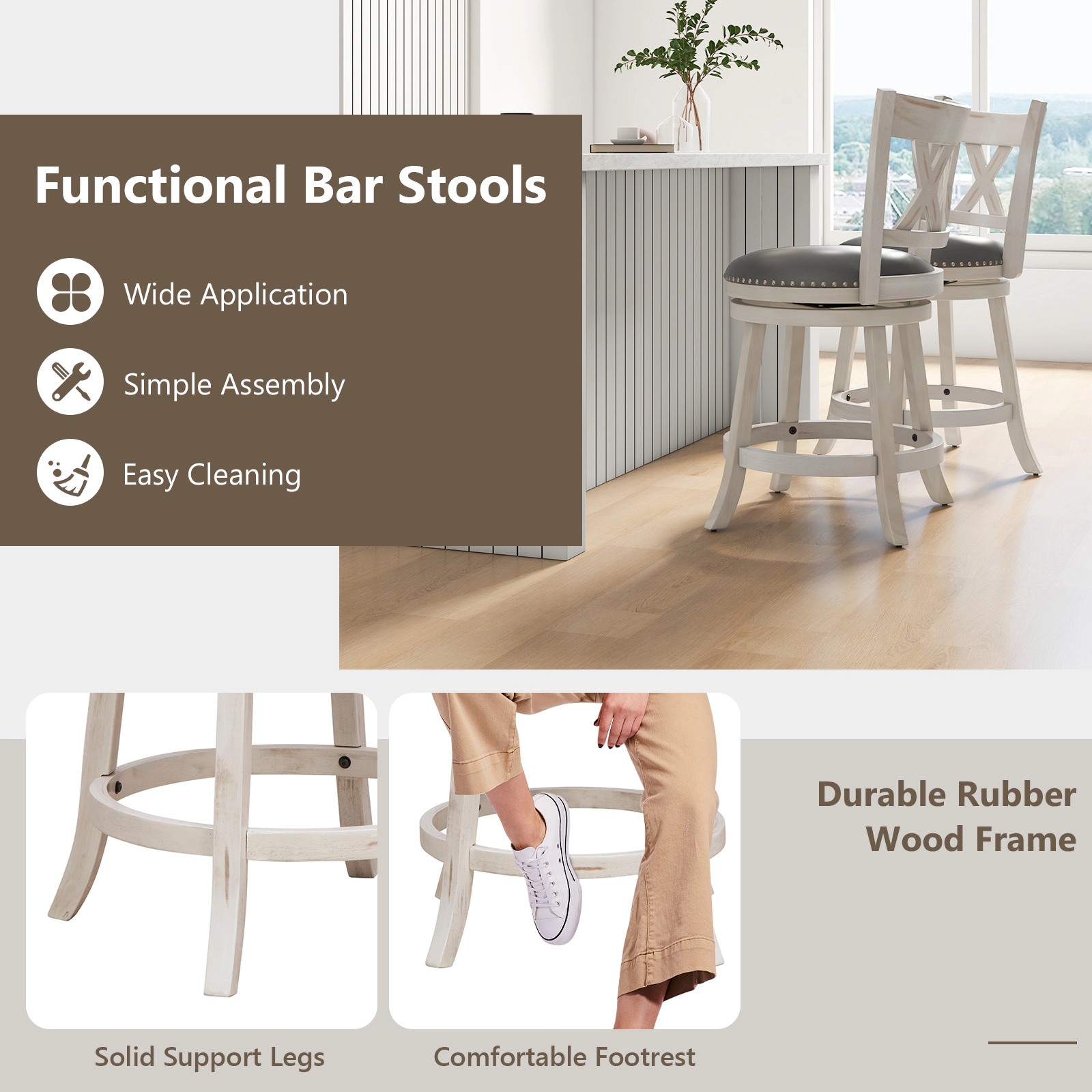 SUGIFT 25.5-In Swivel Hand-Antiqued Counter Stool Set of 2 300-Lb Capacity & Wider 20-In Padded Seat Antique White +