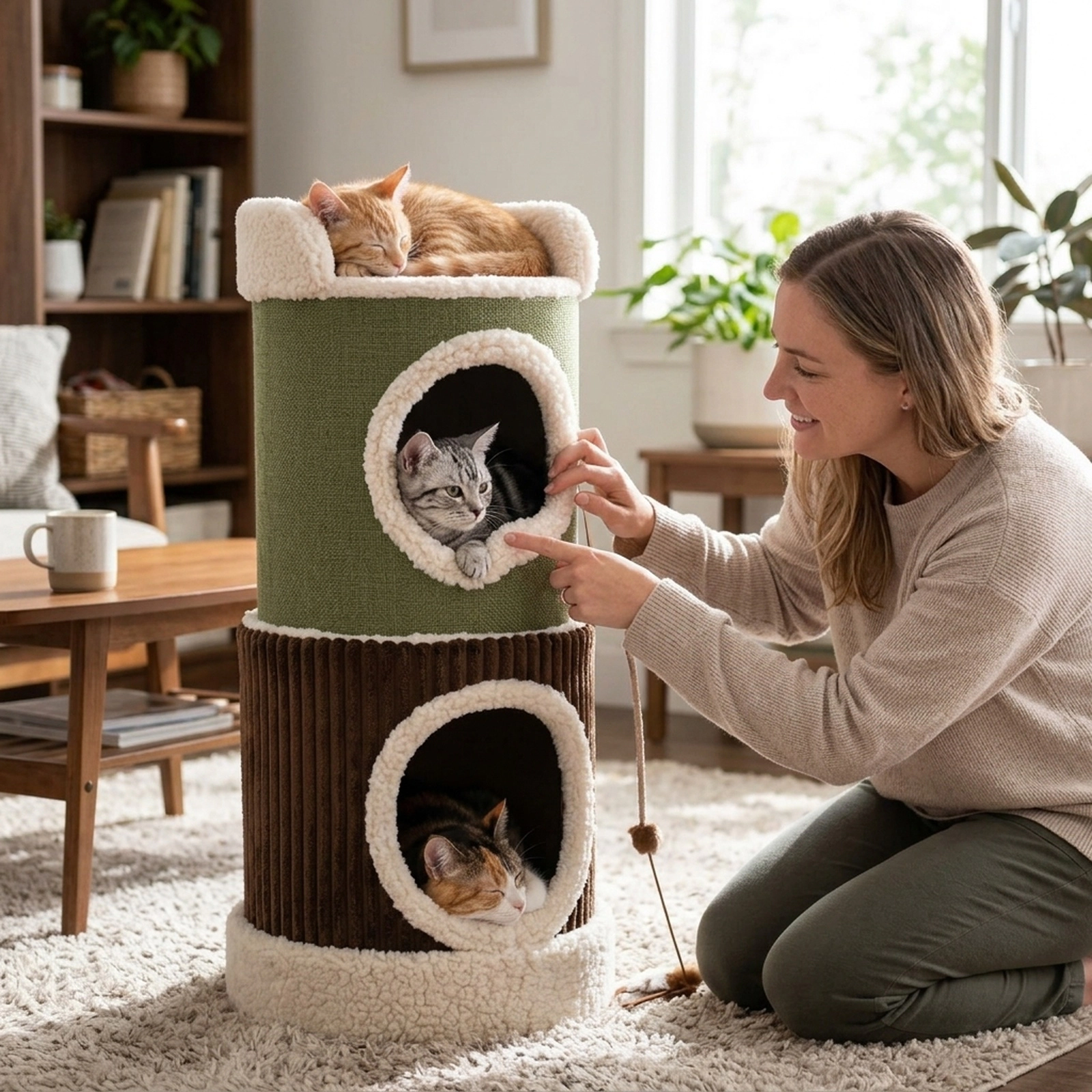 SUGIFT Barrel Cat House with Top Perch Double Condos 22-lb Capacity Indoor Cat House 16 x 33.5 in Green Brown Beige