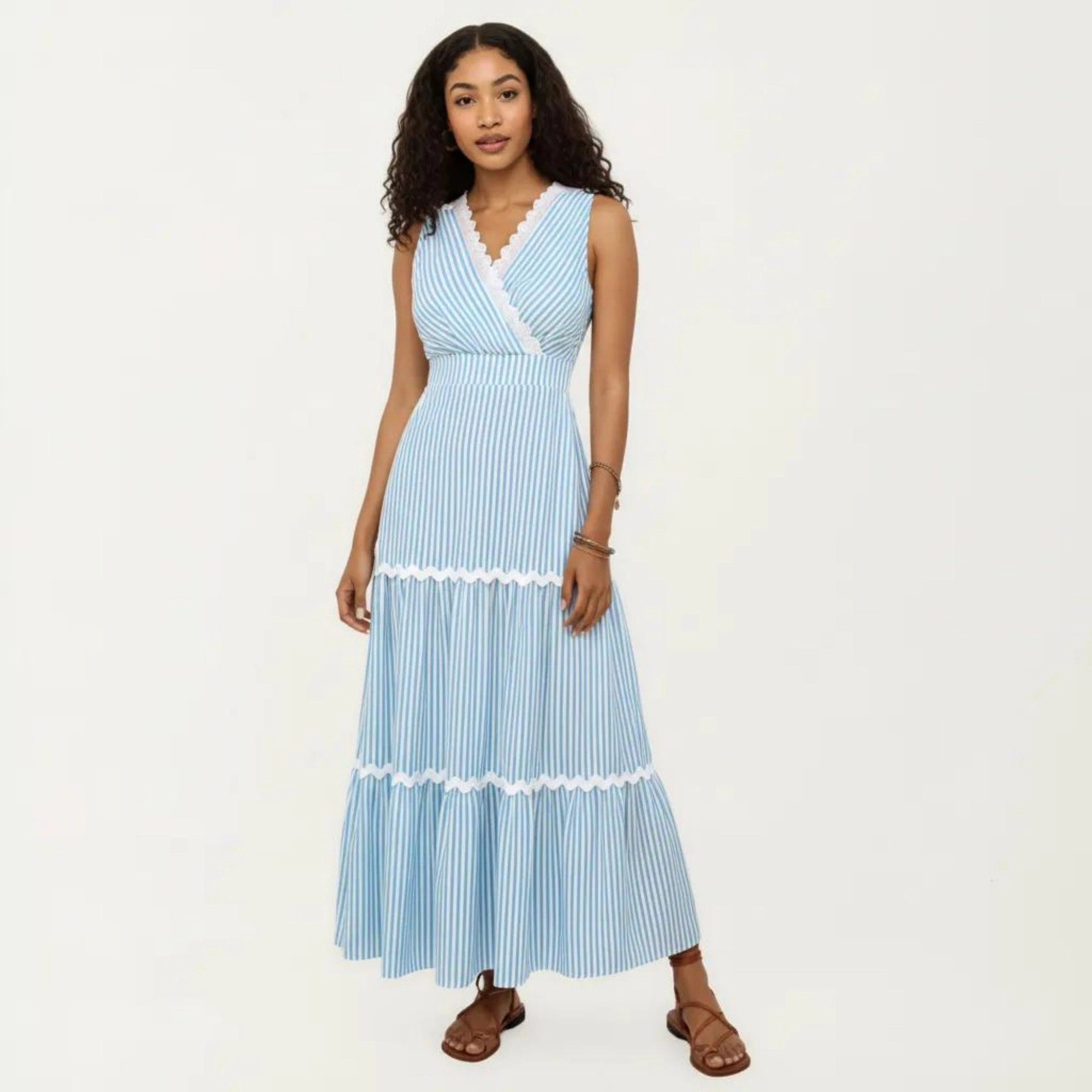 Anna-Kaci Women's Sleeveless Striped V-Neck Contrast Trim Tiered Maxi Dress