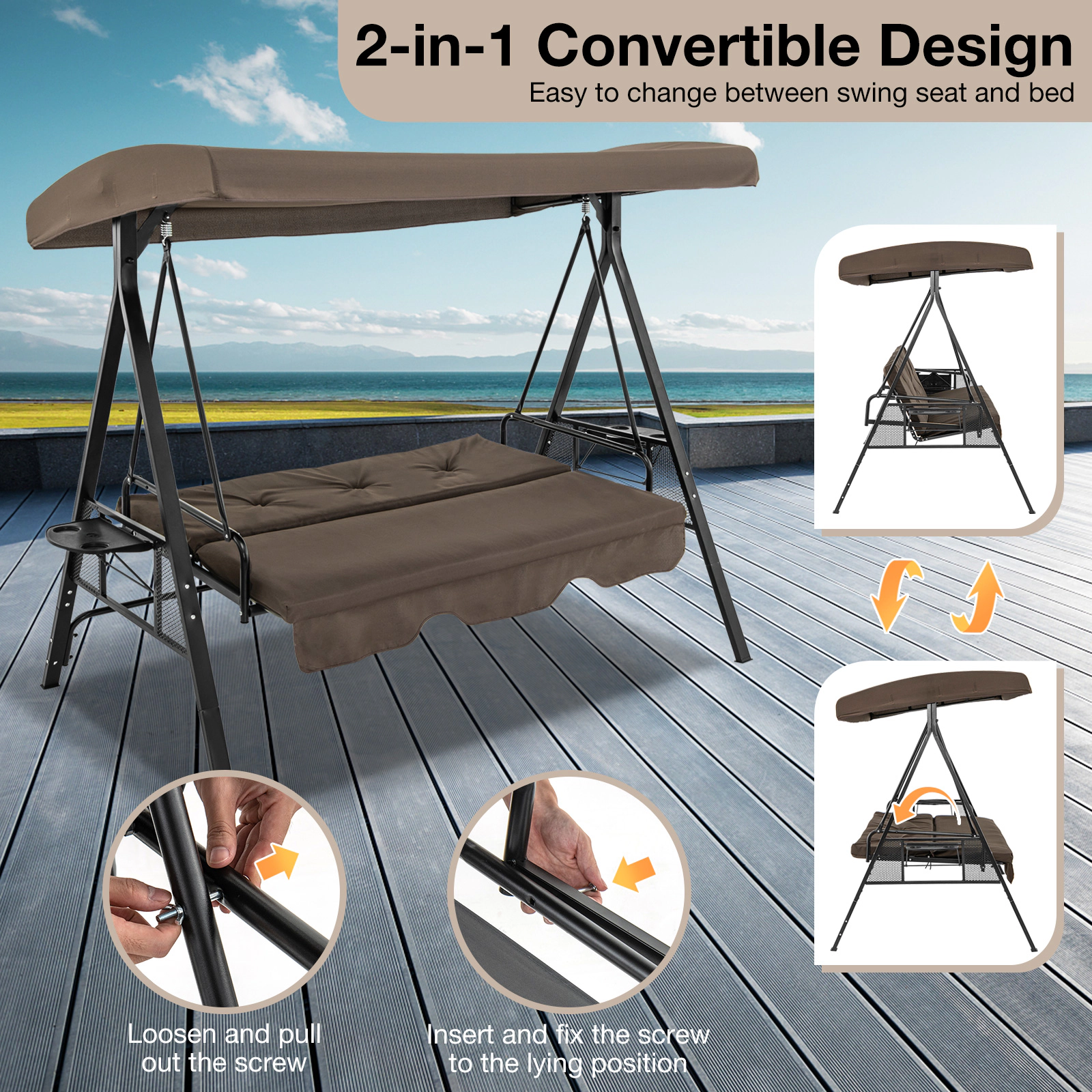 Hivvago Convertible 3-Seat Patio Porch Swing Chair to Flat Bed with Adjustable Canopy